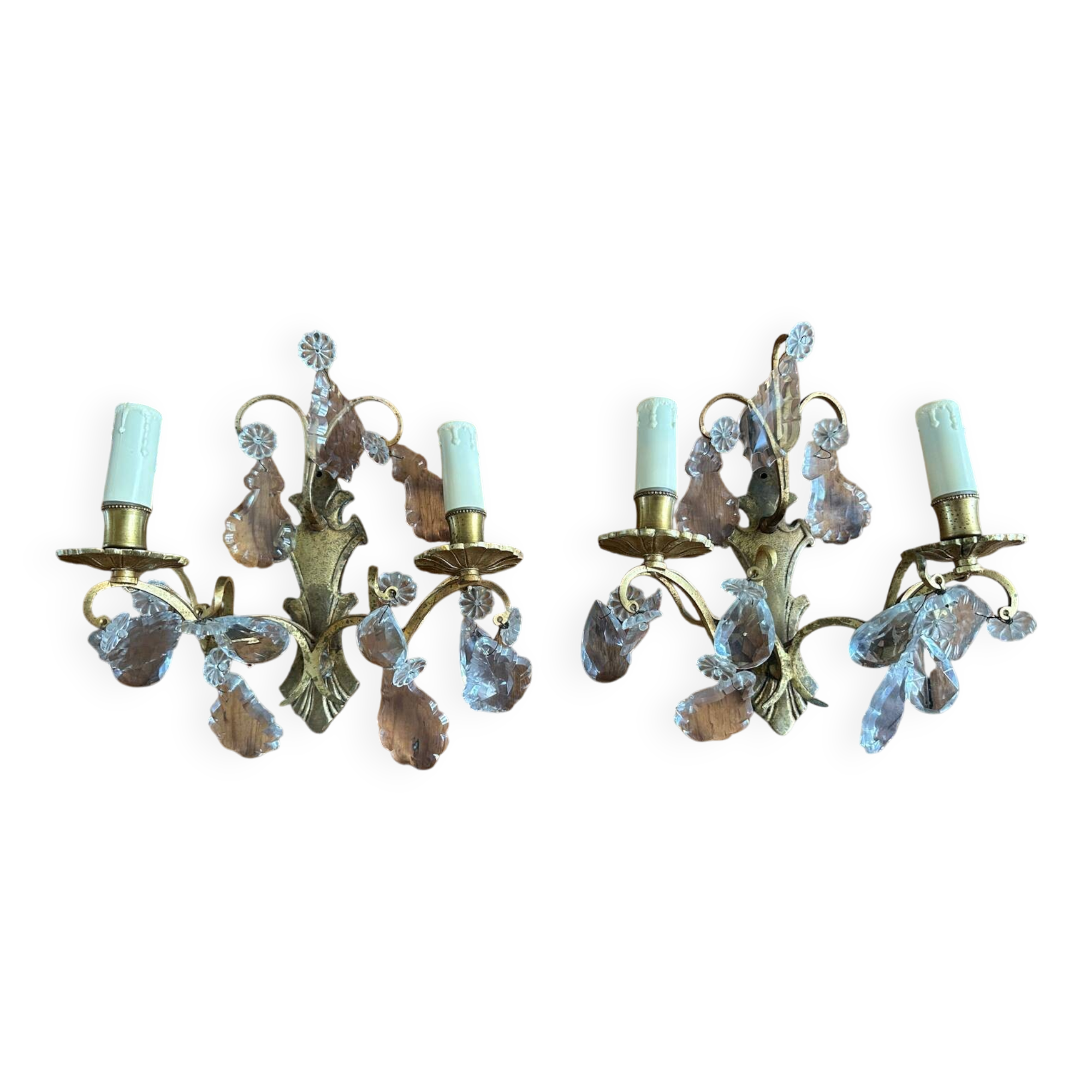 2 vintage bronze wall lights with pendants