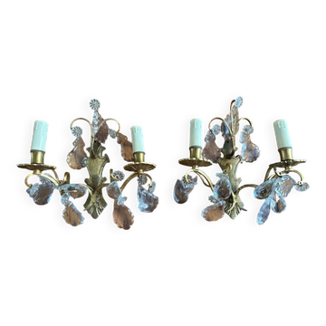 2 vintage bronze wall lights with pendants