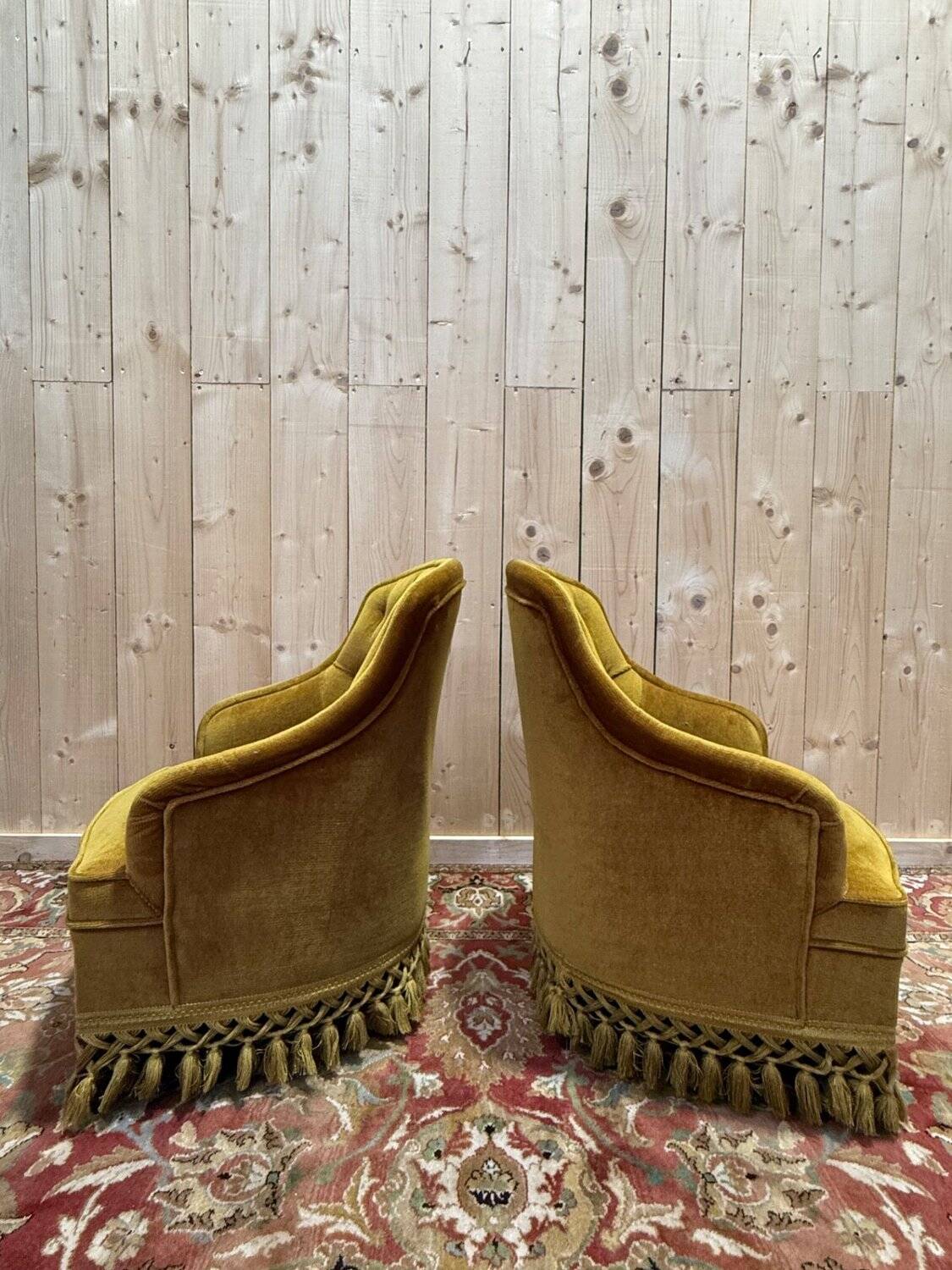 Pair of Napoleon III crapaud armchairs in mustard yellow velvet.