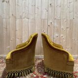 Pair of Napoleon III crapaud armchairs in mustard yellow velvet.