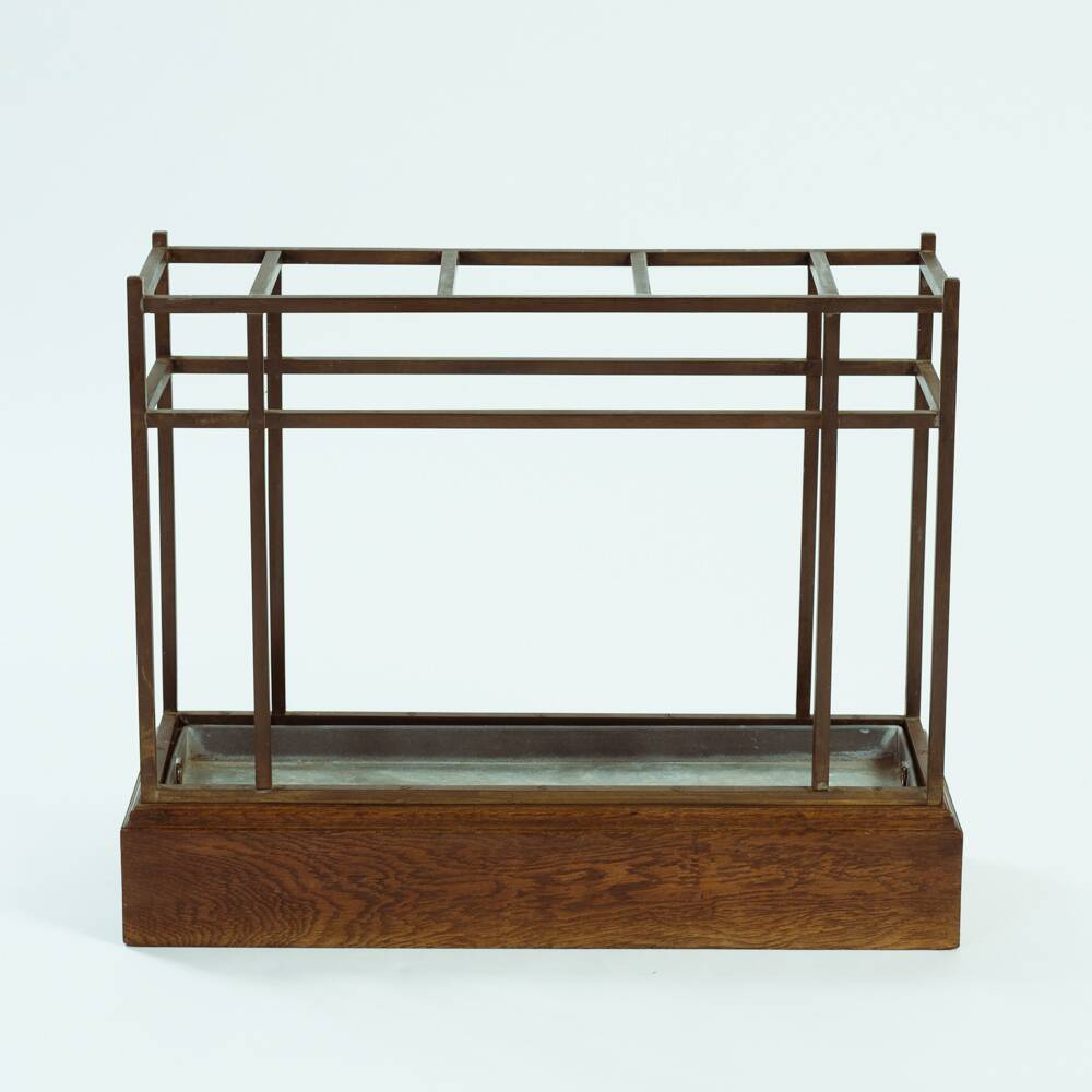 Art Deco Amsterdam School umbrella stand in bonze and oak, The Netherlands, 1920s