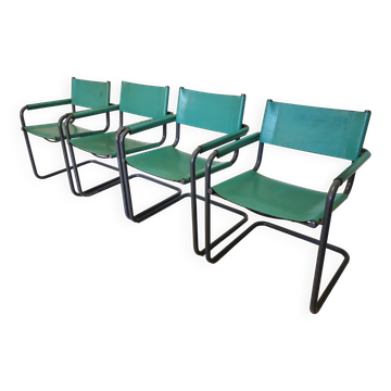 Vintage Mart Stam Style S34 Armchairs: Turquoise Leather, Black Tubular Ste