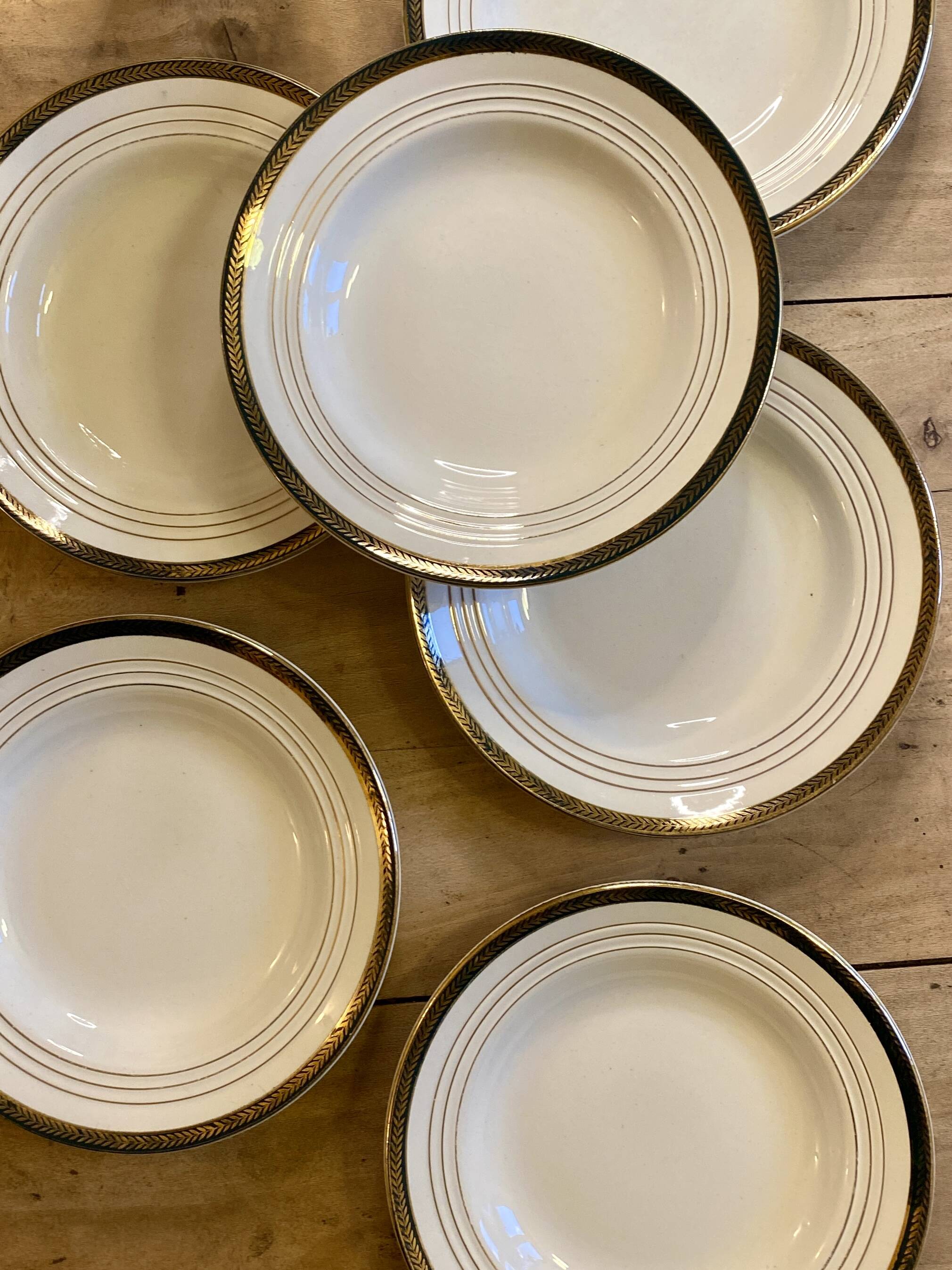 Set of 6 vintage semi-porcelain soup plates, Chinon de Céranord green and gold frieze