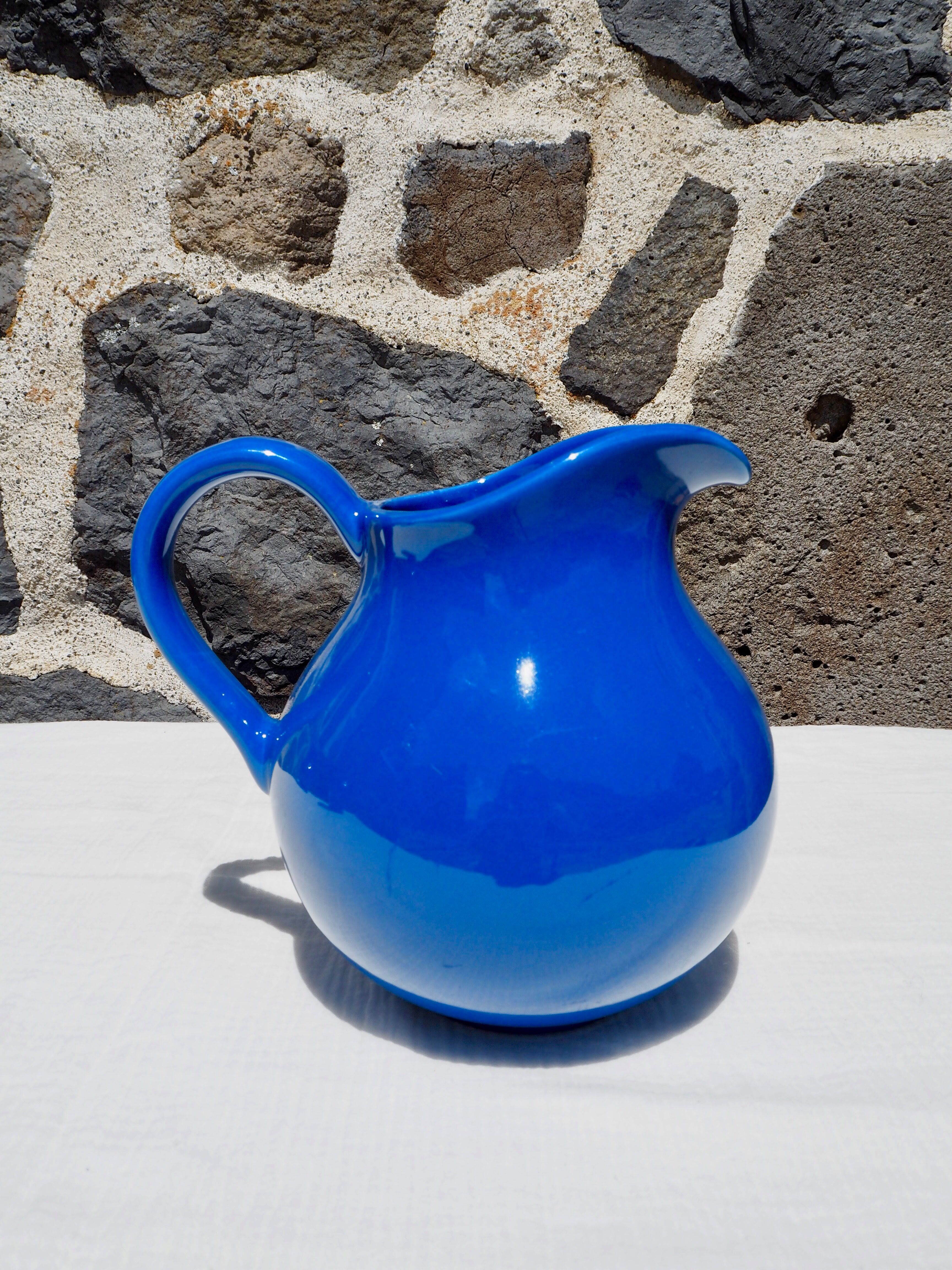 Blue ceramic belly pitcher