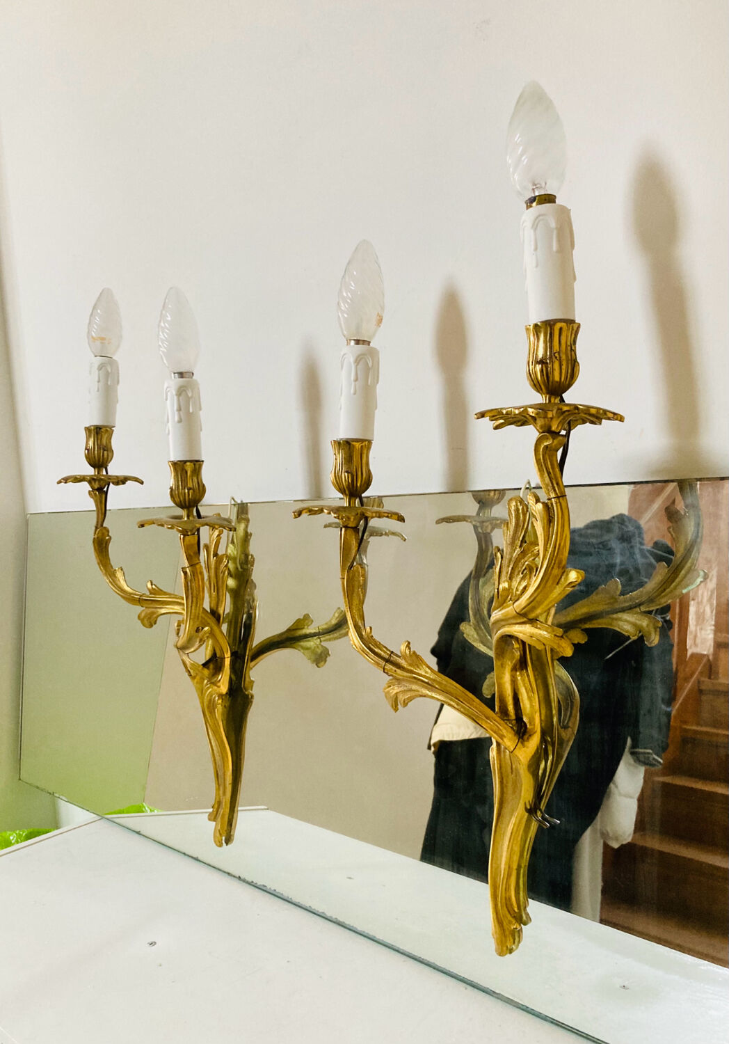 St Louis XV wall lights in solid gilded bronze with curved branches