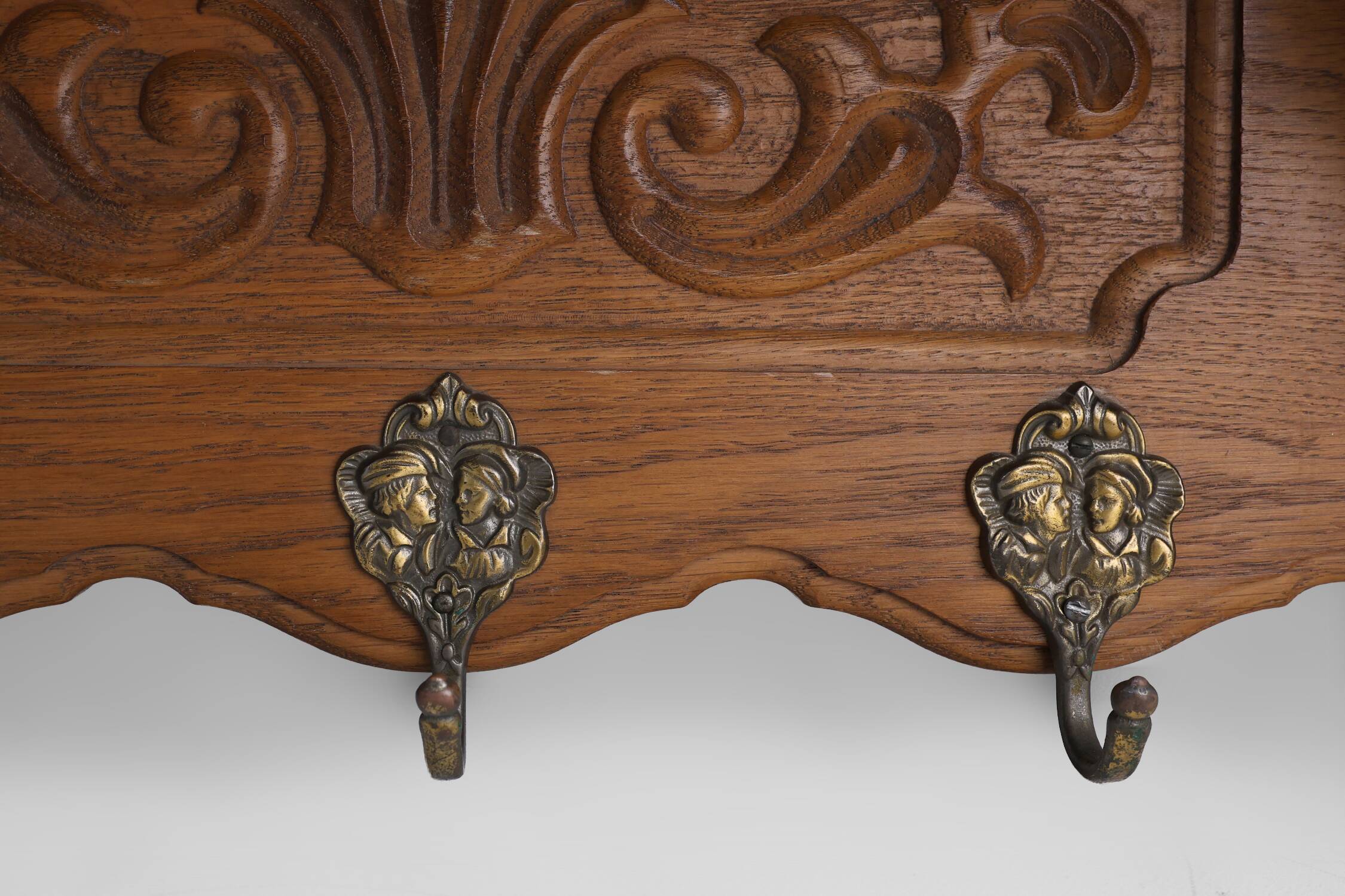 Mid-Century Belgian Oak Wall-Mounted Coat Rack in Bruegel Style