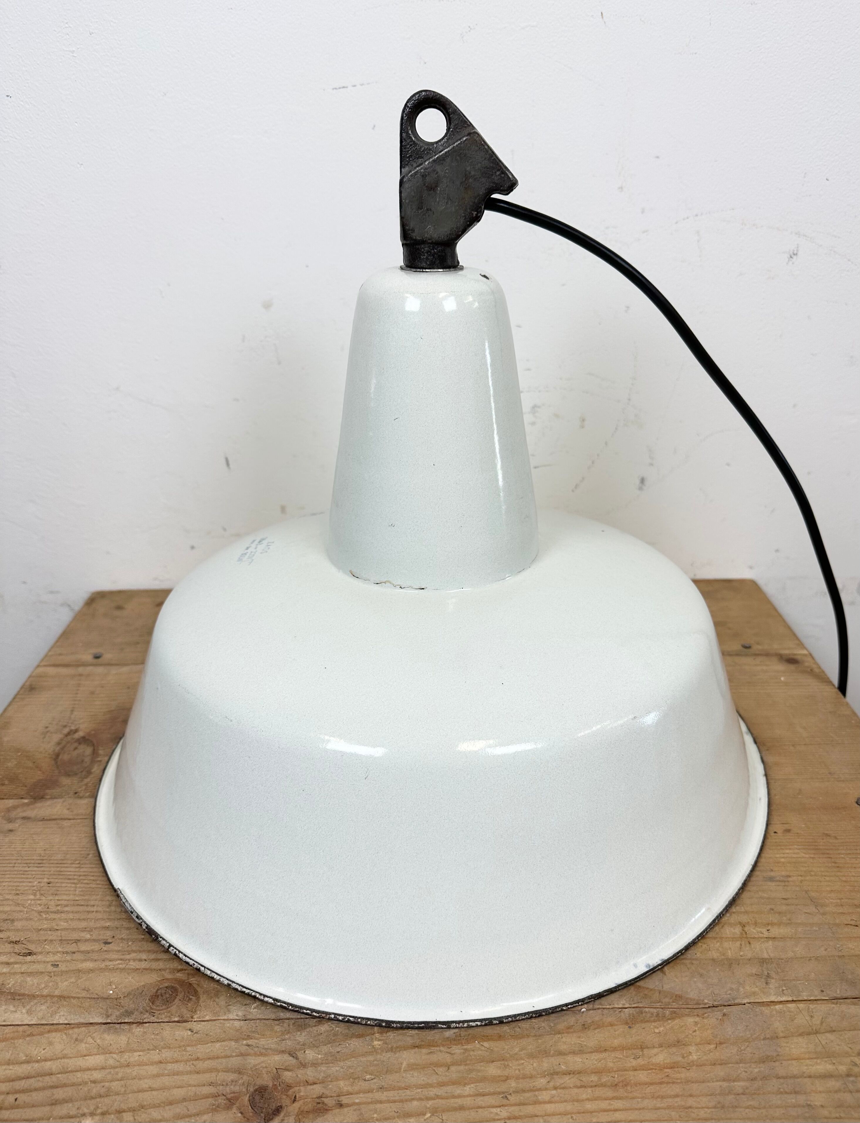 Industrial white enamel factory pendant lamp from zaos, 1960s