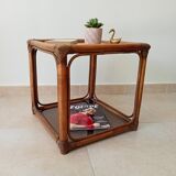 Table d'appoint vintage rotin et verre fumé années 70