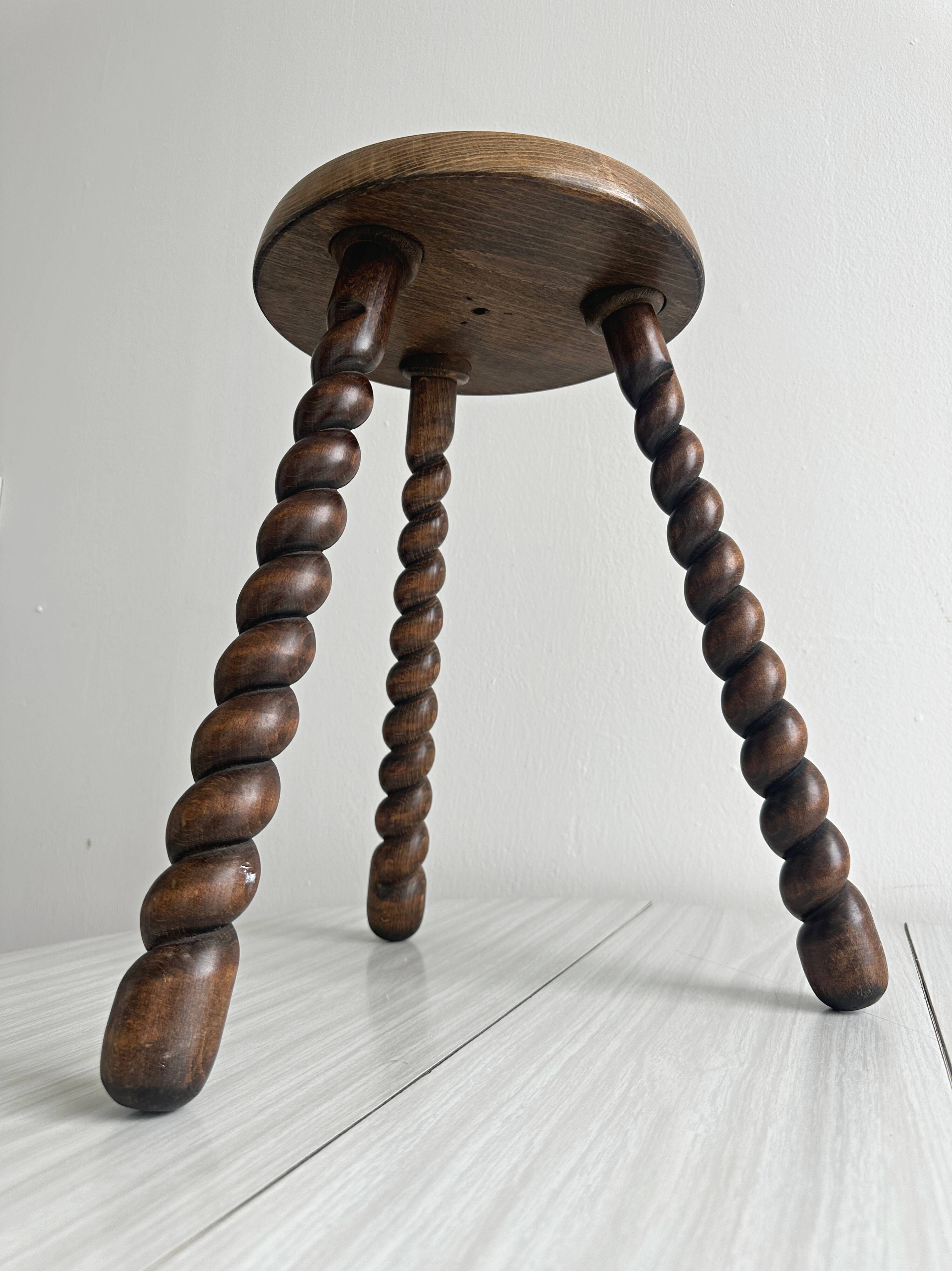 Antique turned wooden tripod stool