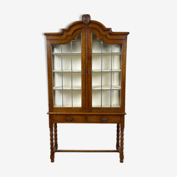 Dutch antique oak display cabinet stained glass