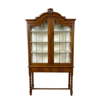 Dutch antique oak display cabinet stained glass