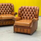 Vintage Chesterfield Brown Leather High Back sofa and Armchairs, Set of 3