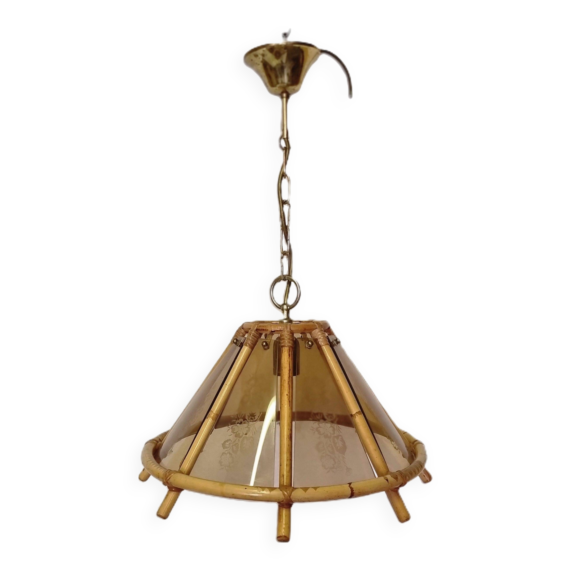 Vintage Bamboo Pendant Lamp With Decorative Glass From The 70s
