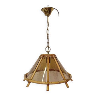 Vintage Bamboo Pendant Lamp With Decorative Glass From The 70s