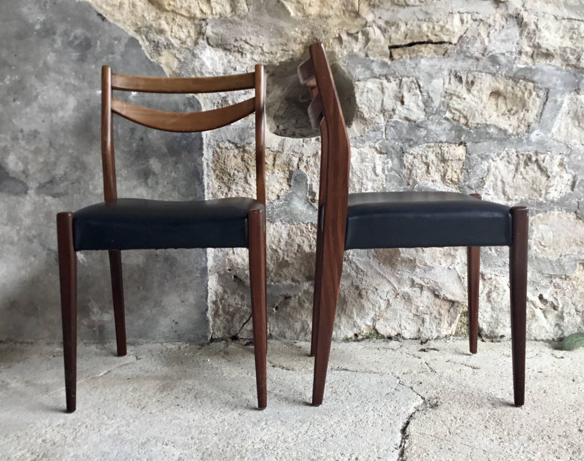 Pair of Scandinavian chairs Ameublement NF black imitation leather and teak - 1960