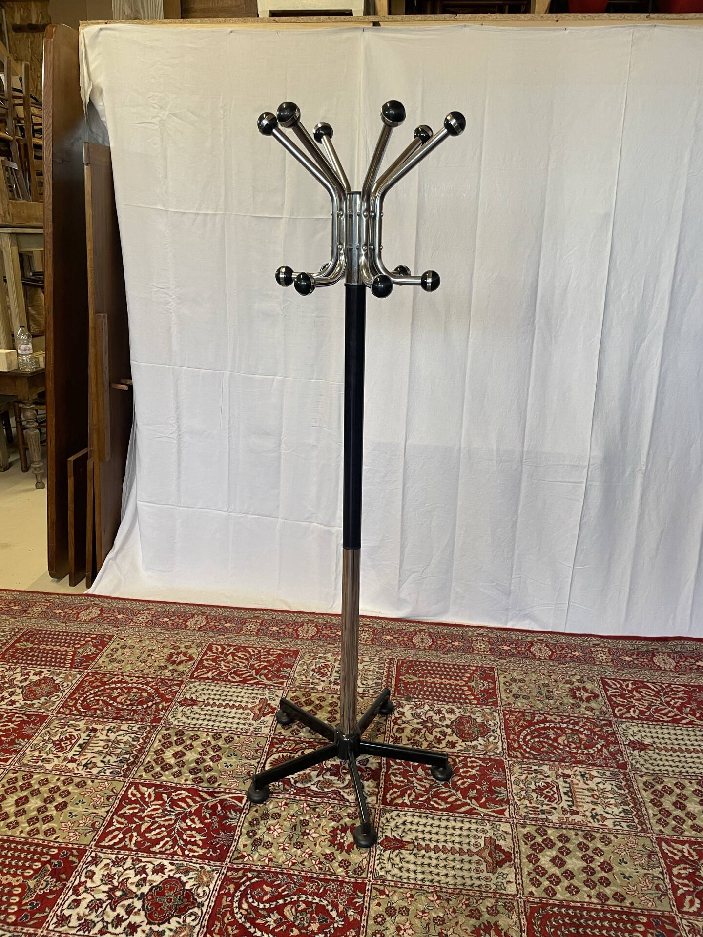 Vintage chrome and black metal parrot coat rack