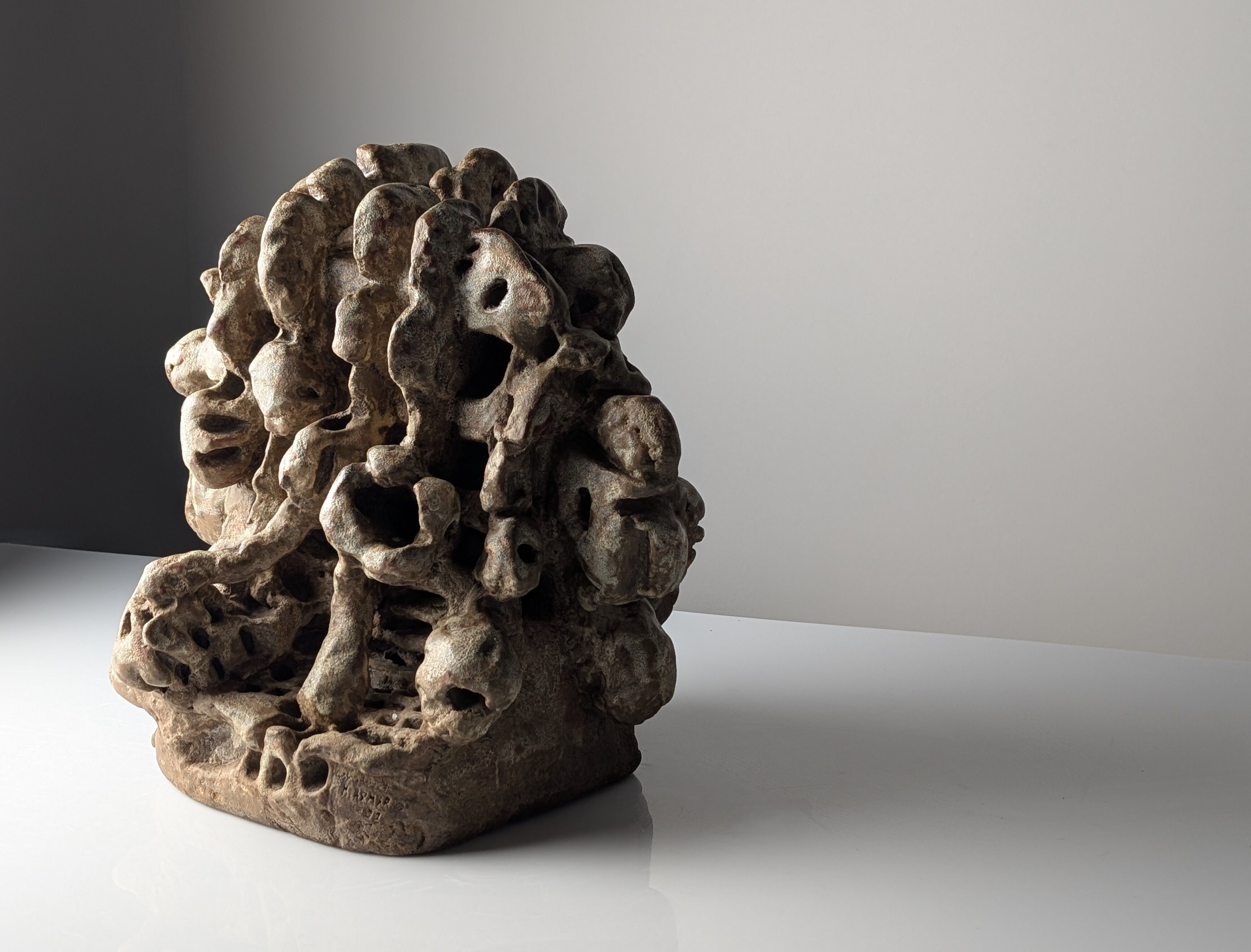 Large organic glazed stoneware sculpture with coral shapes, signed, 2002