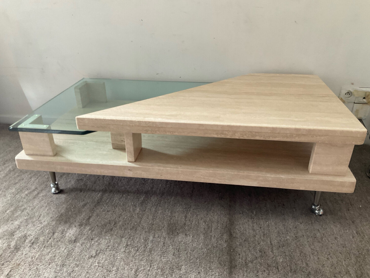 Vintage travertine and glass coffee table