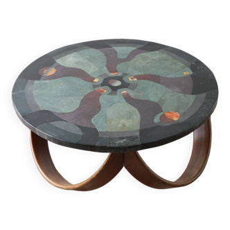 Sculptural coffee table by Pierre-Elie Gardette in slate marquetry