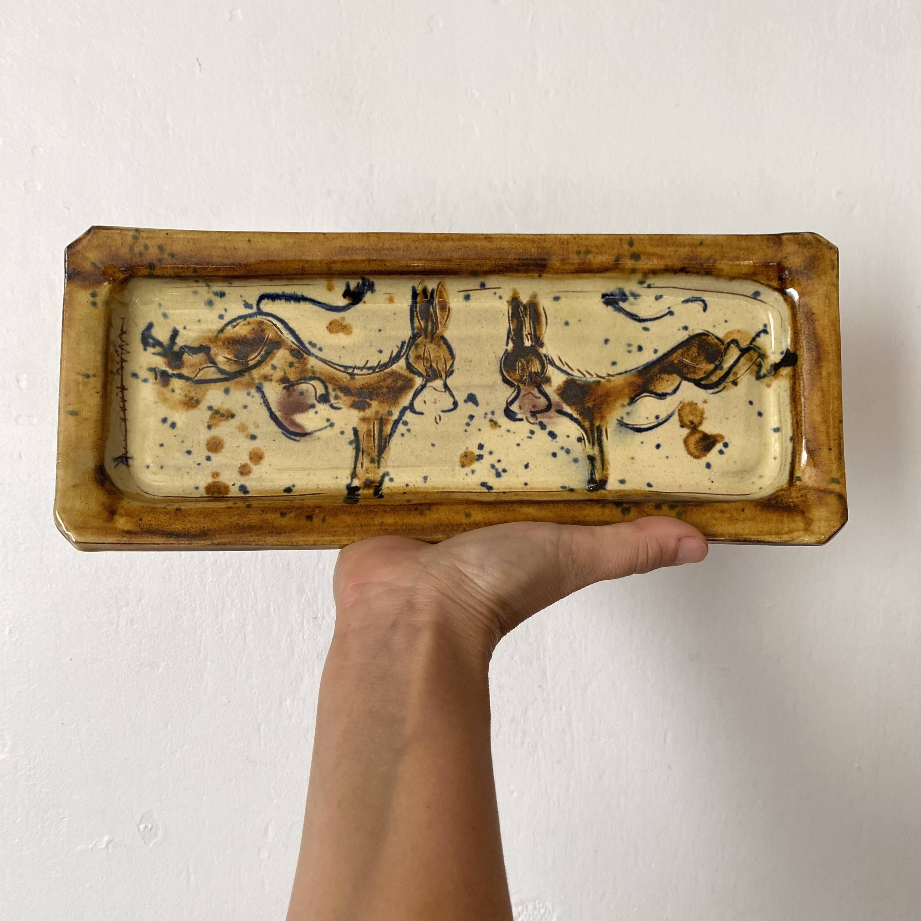 Ceramic cake dish, donkey decor, vintage crafts