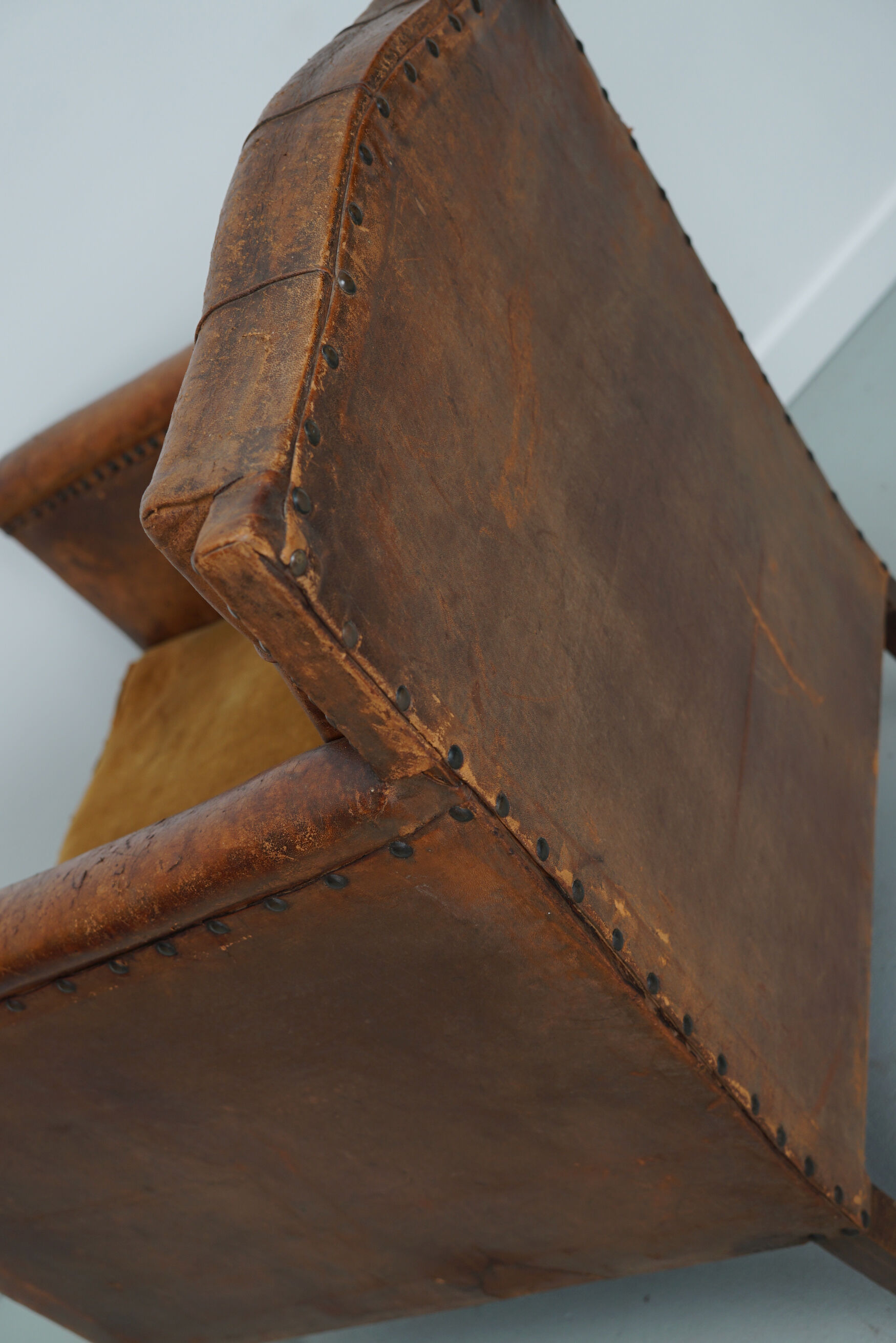 French cognac leather buttoned back club chair