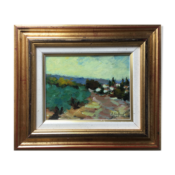 Tableau post impressionniste "Village du sud" par Lylliane Coiffard + cadre