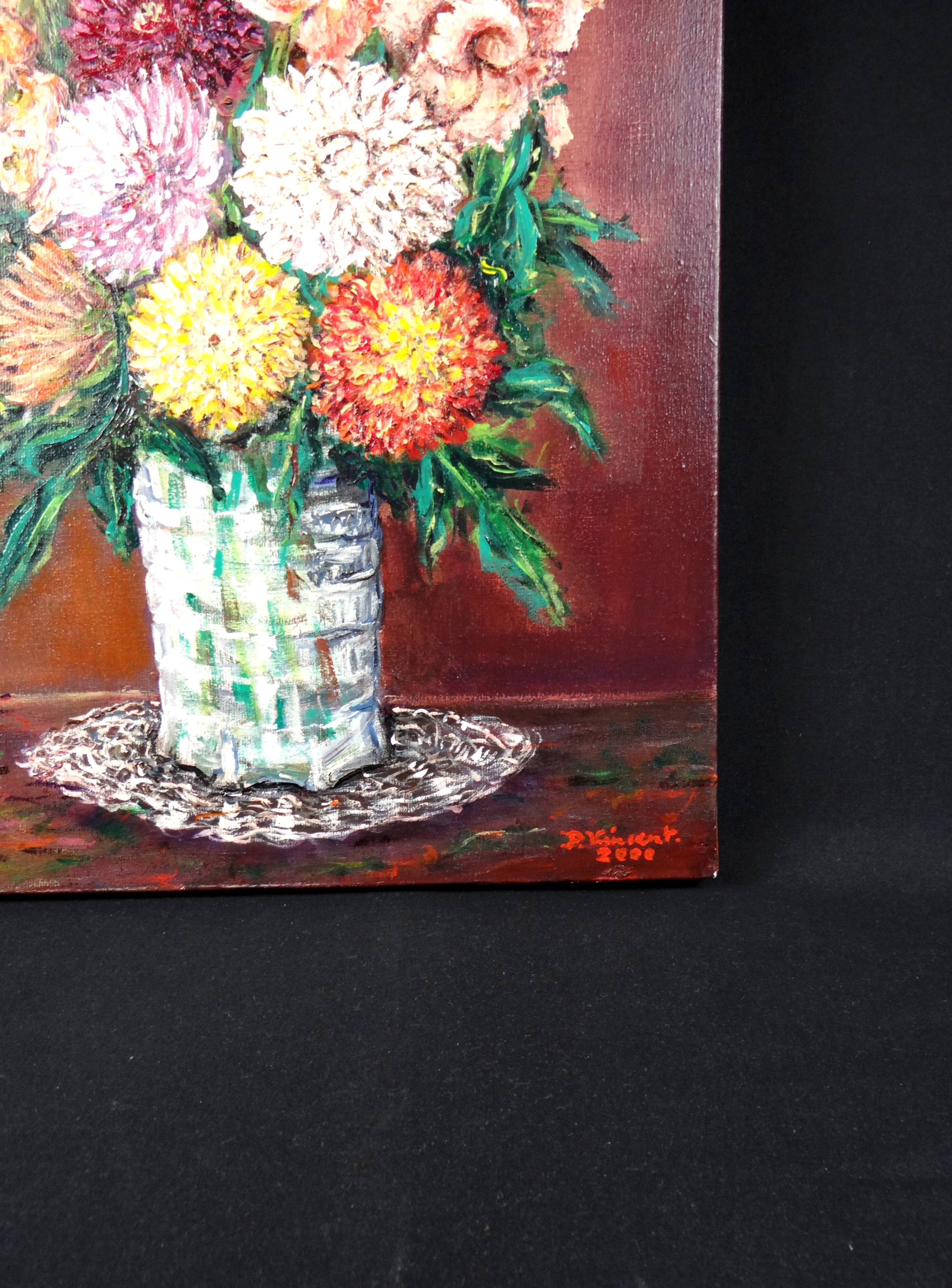 Still life 'Gladioli and Dahlias' Oil on canvas 36x33 signed J.D Vincent