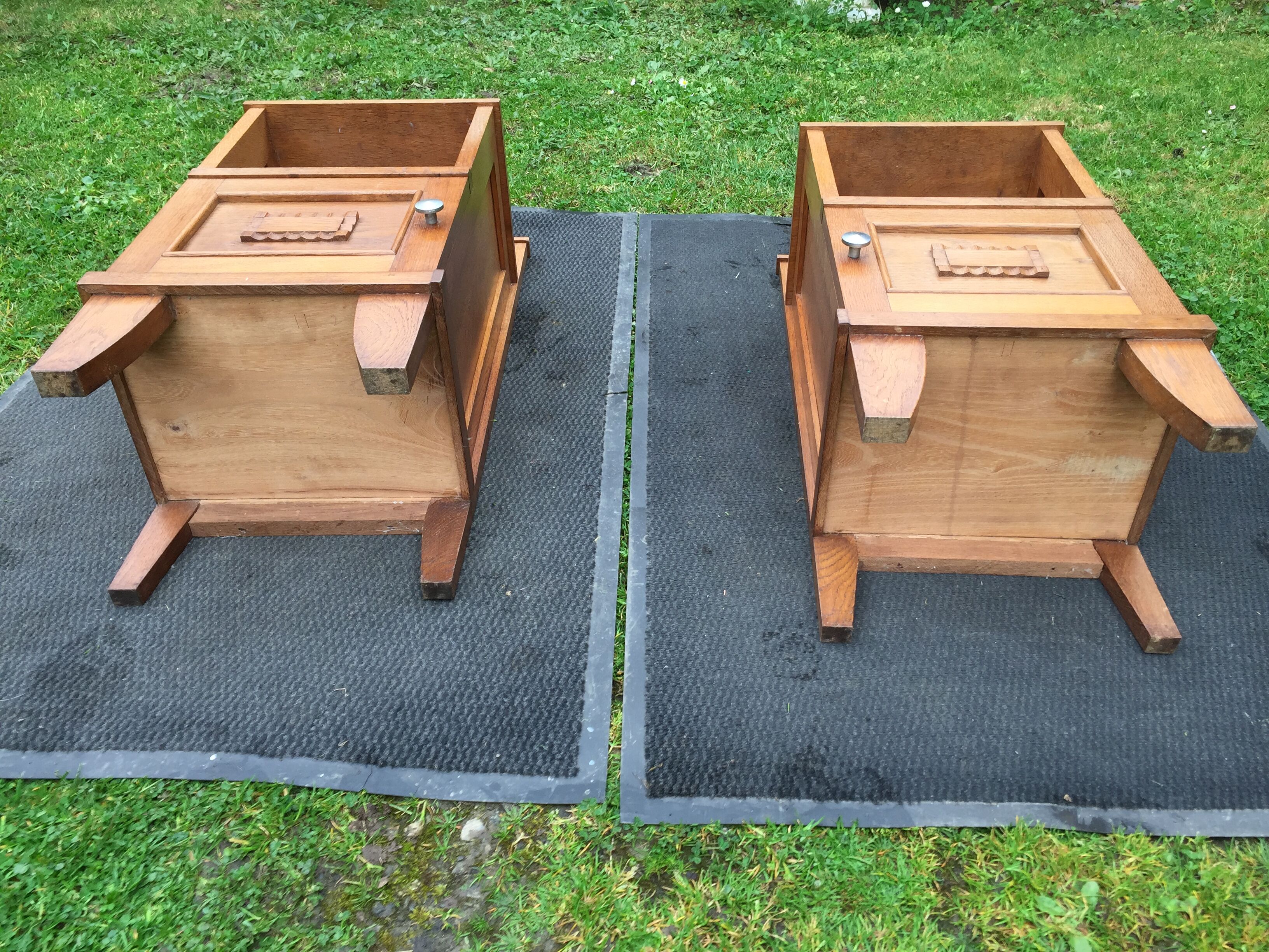 Vintage bedside tables with solid oak compass legs (pair)
