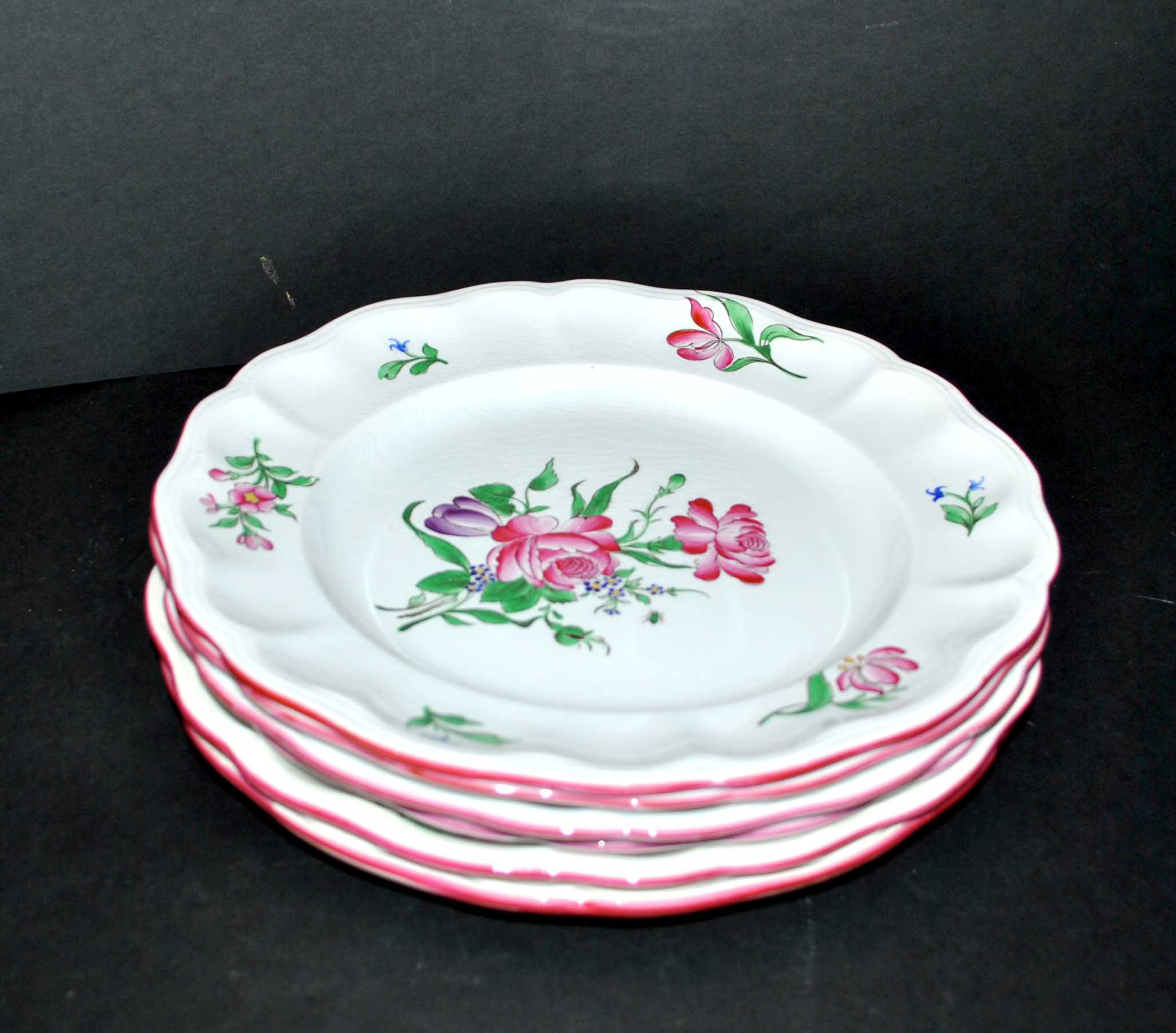 Set of 6 flat plates in Lunéville earthenware - Lamppost model with painted roses