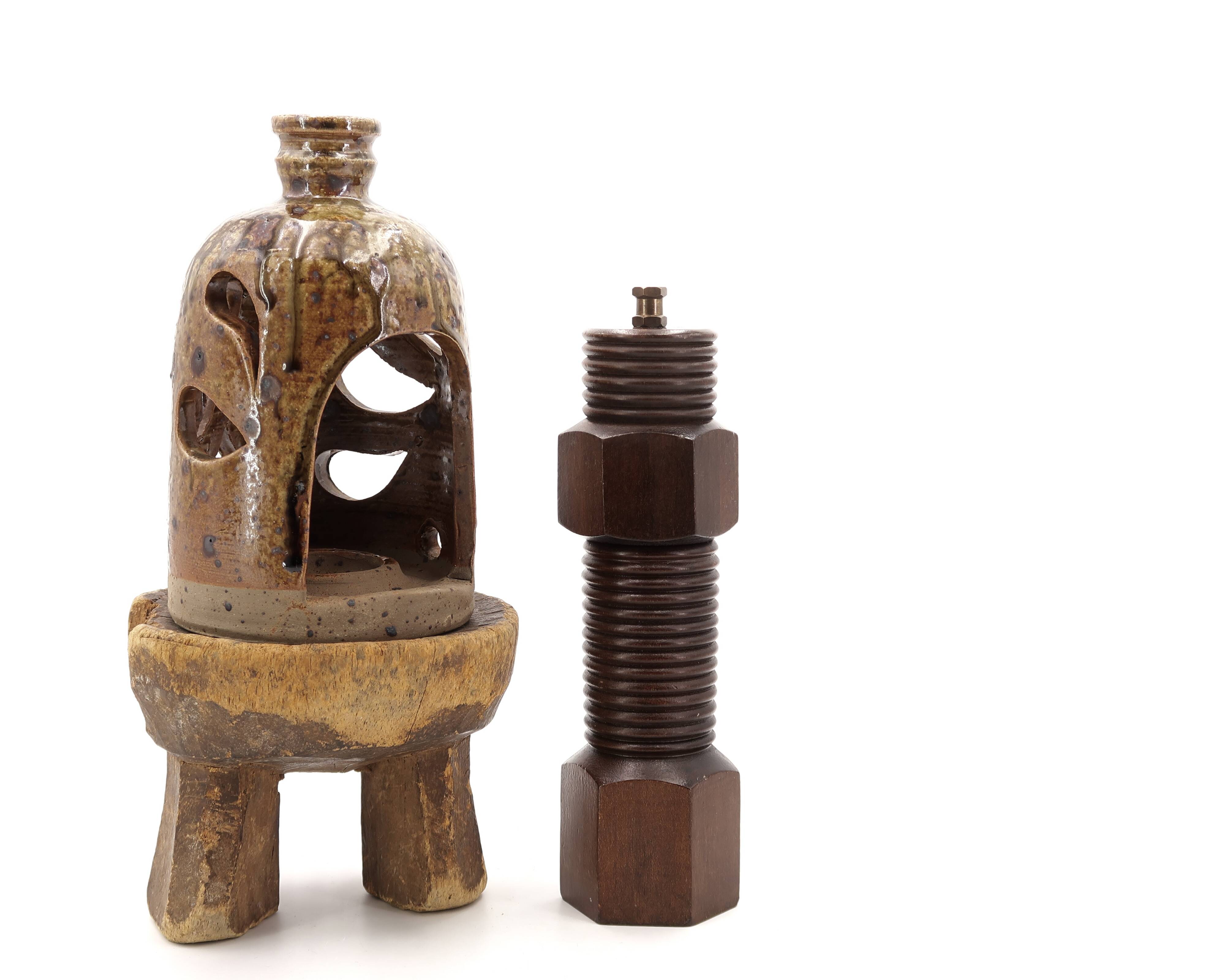 Signed stoneware lantern candle holder, 1960s