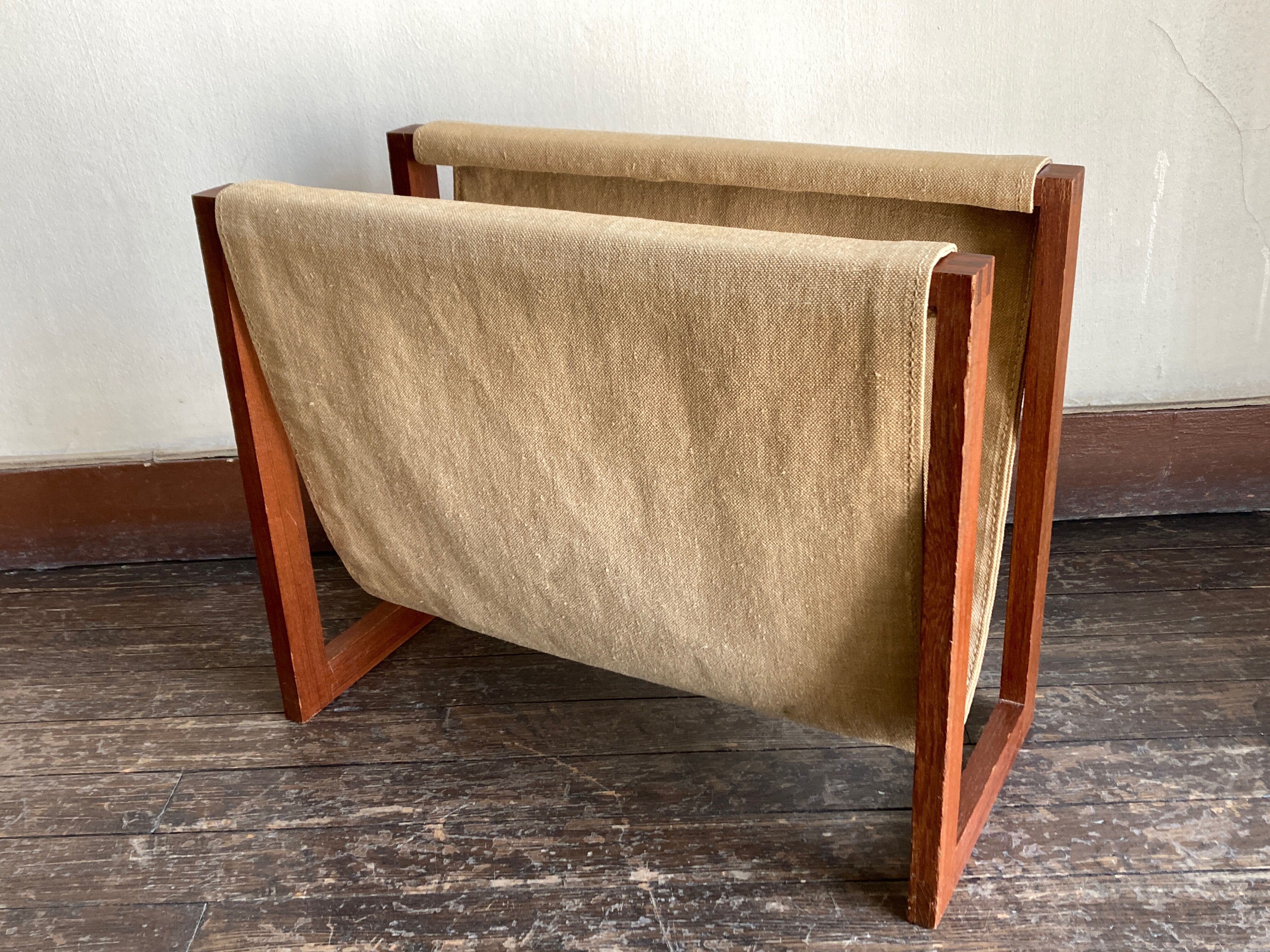 Scandinavian magazine door 1970 in teak and linen canvas