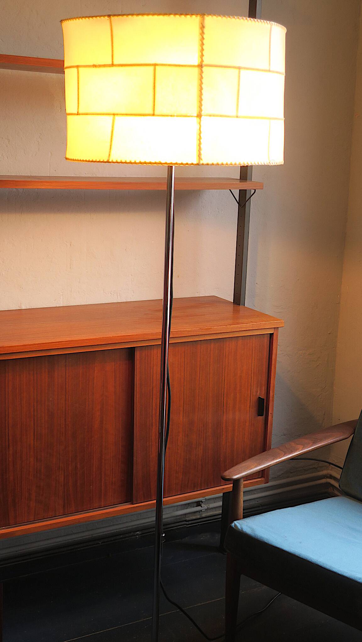 Staff patchwork floor lamp, parchment shade and black leather foot, 1960s