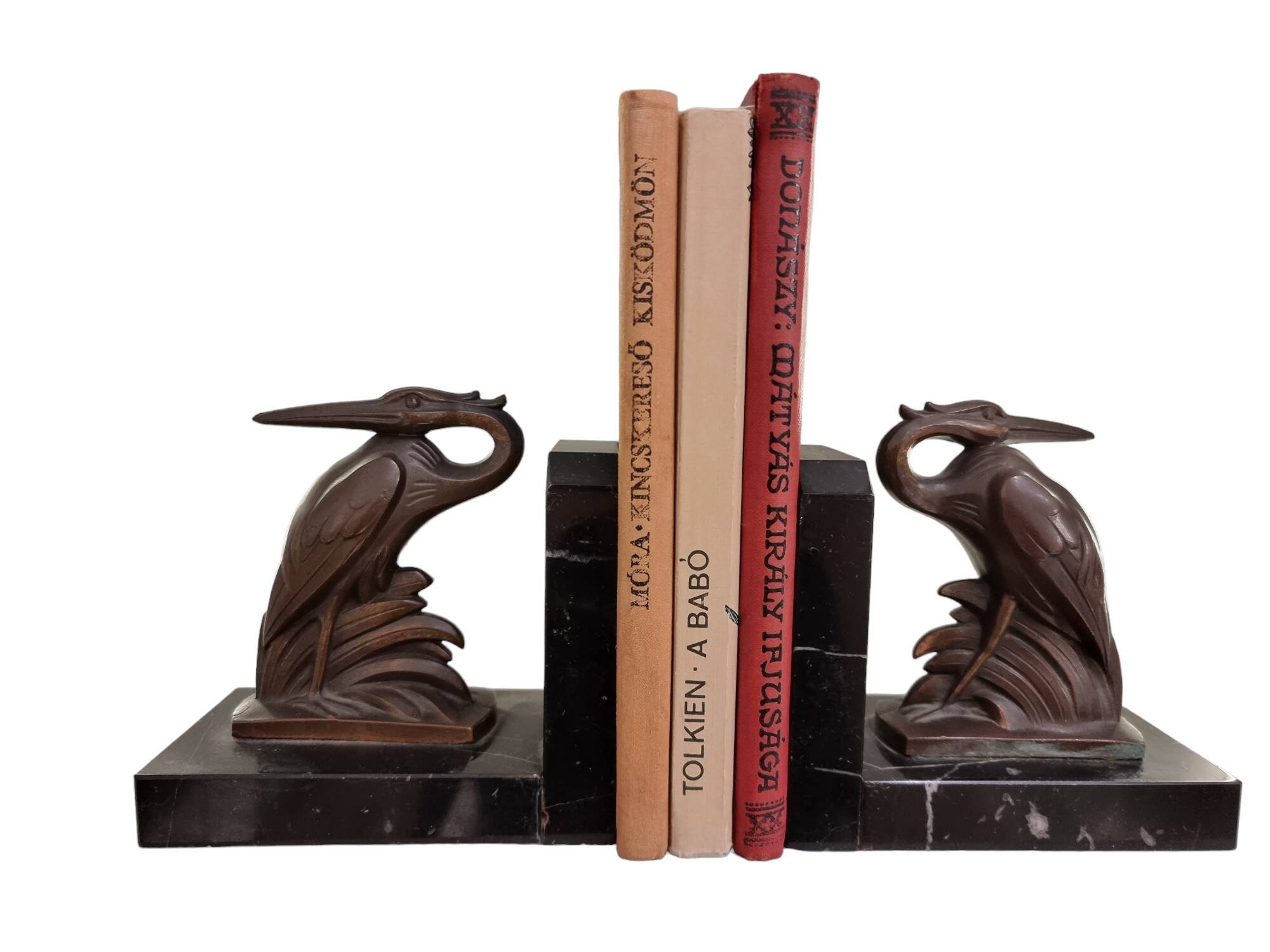 Art Deco spelter on marble bookends with cranes by Maurice Frecourt, France, 1920-30's