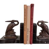 Art Deco spelter on marble bookends with cranes by Maurice Frecourt, France, 1920-30's