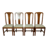 Set of 4 vintage chairs in stained wood and cream fabric.