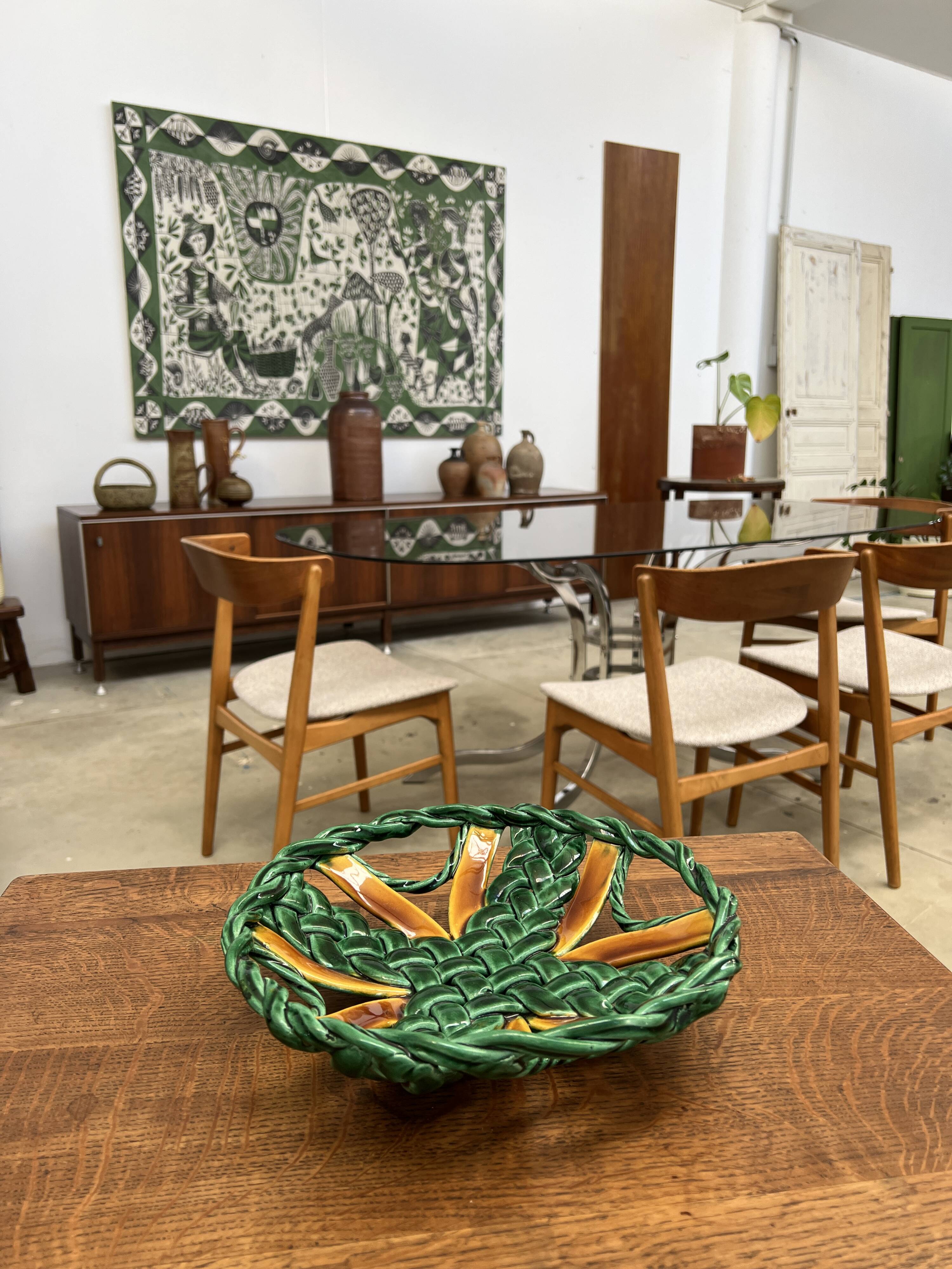 50s green braided barbotine fruit bowl