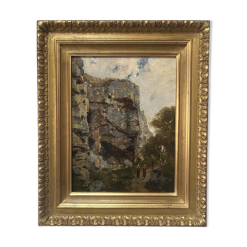 Charles Montlevault (1835-1897) Walkers along a cliff, Oil on canvas signed