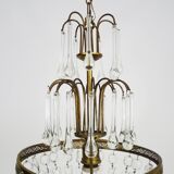 Chandelier, crown ceiling light in brass, 3 levels, 1 light, water drop pendants. 70s