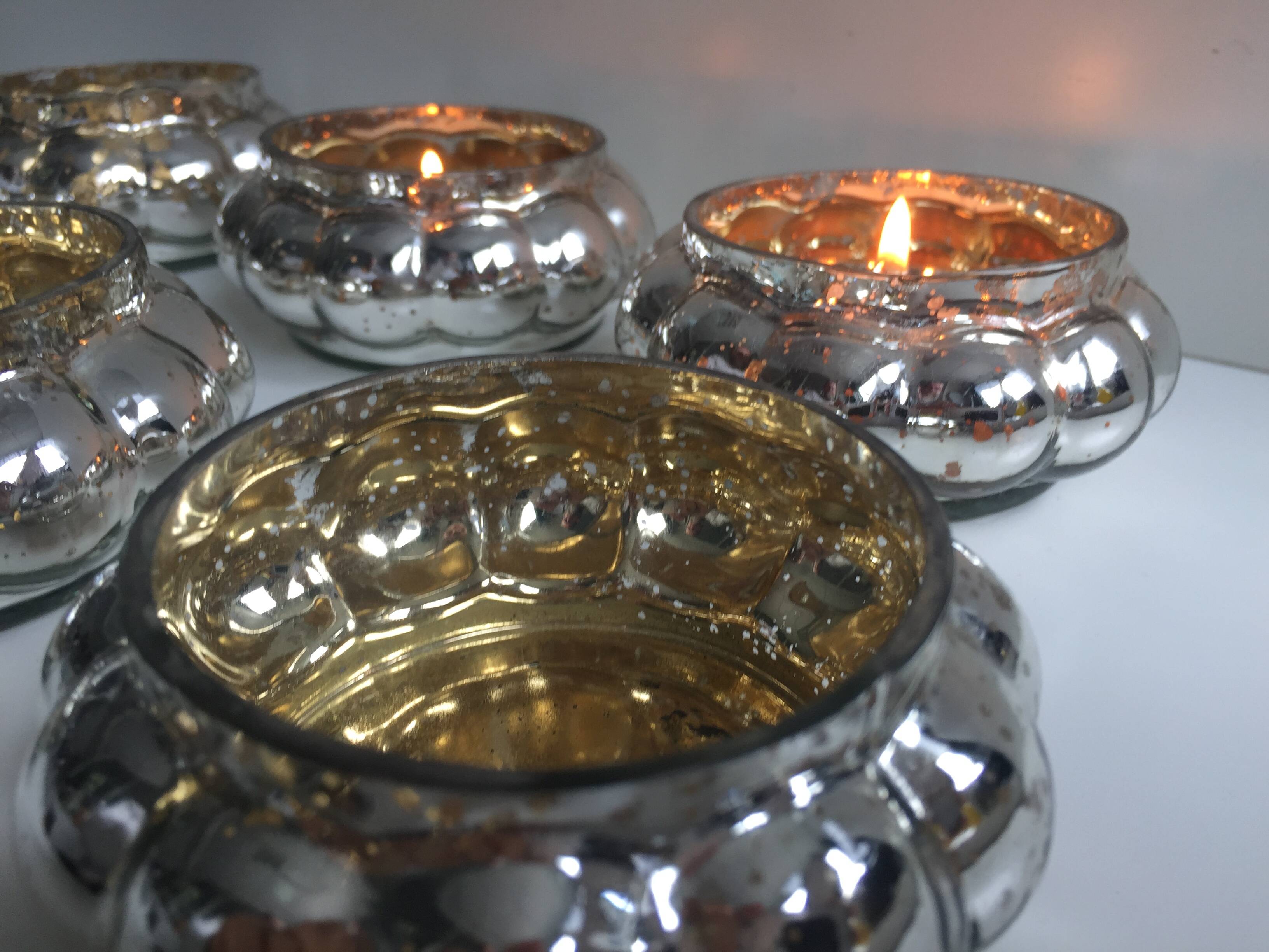 Set of 6 Mercurized Silver Glass Tealight Holders