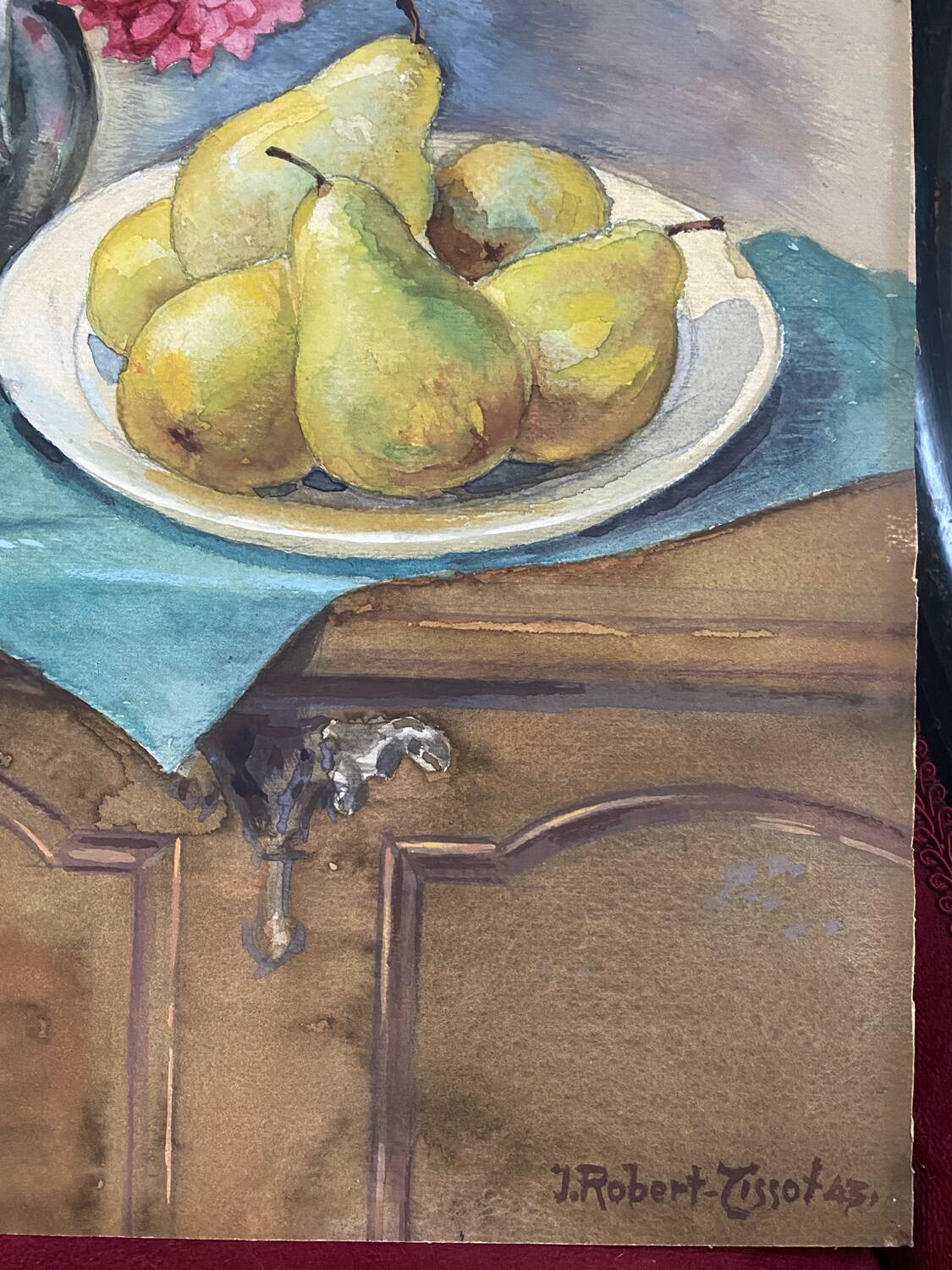 Antique watercolor still life on panel