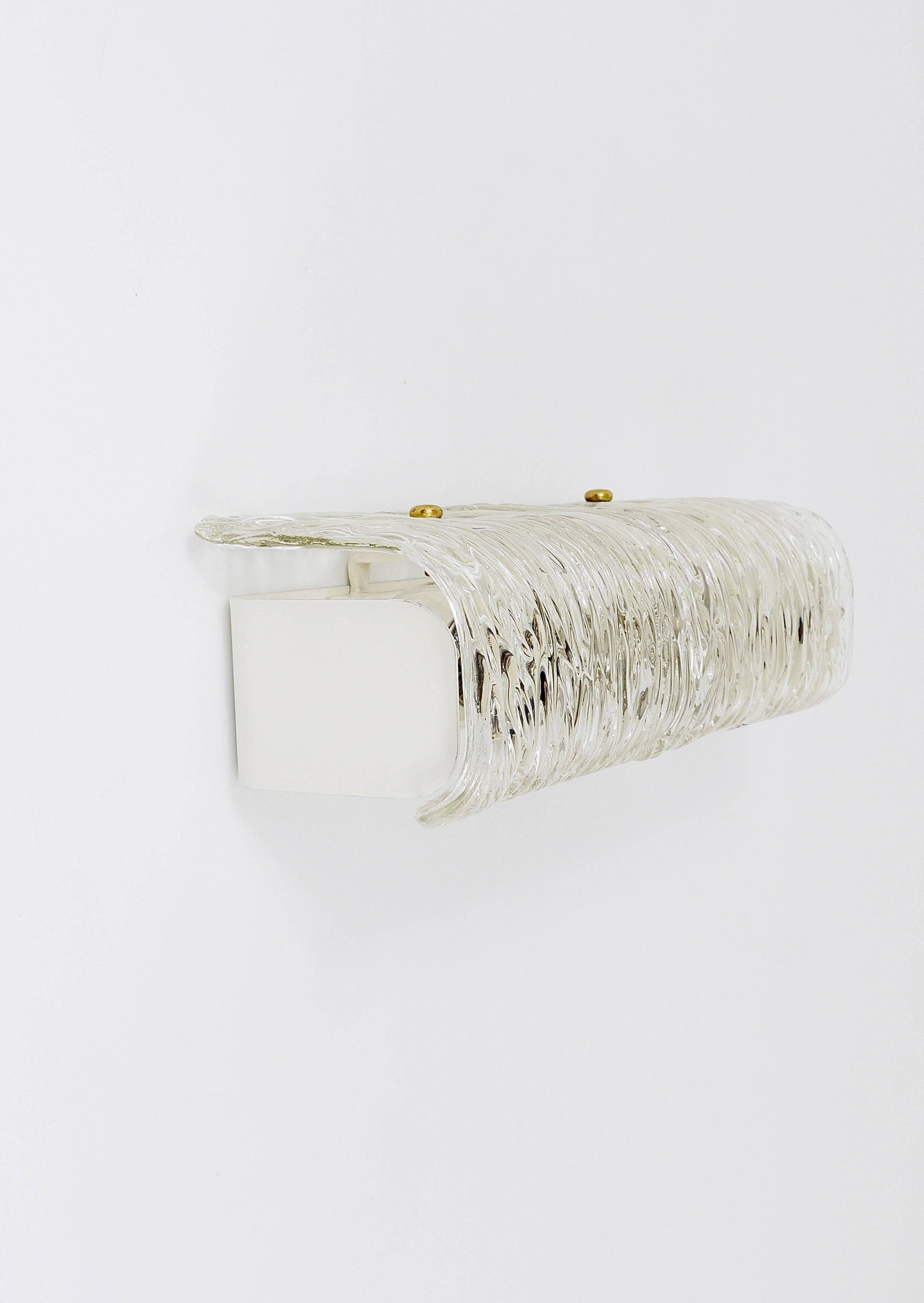 Wall-mounted mirror sconce by J.T. Kalmar, brass and textured glass, Austria, 1950s.