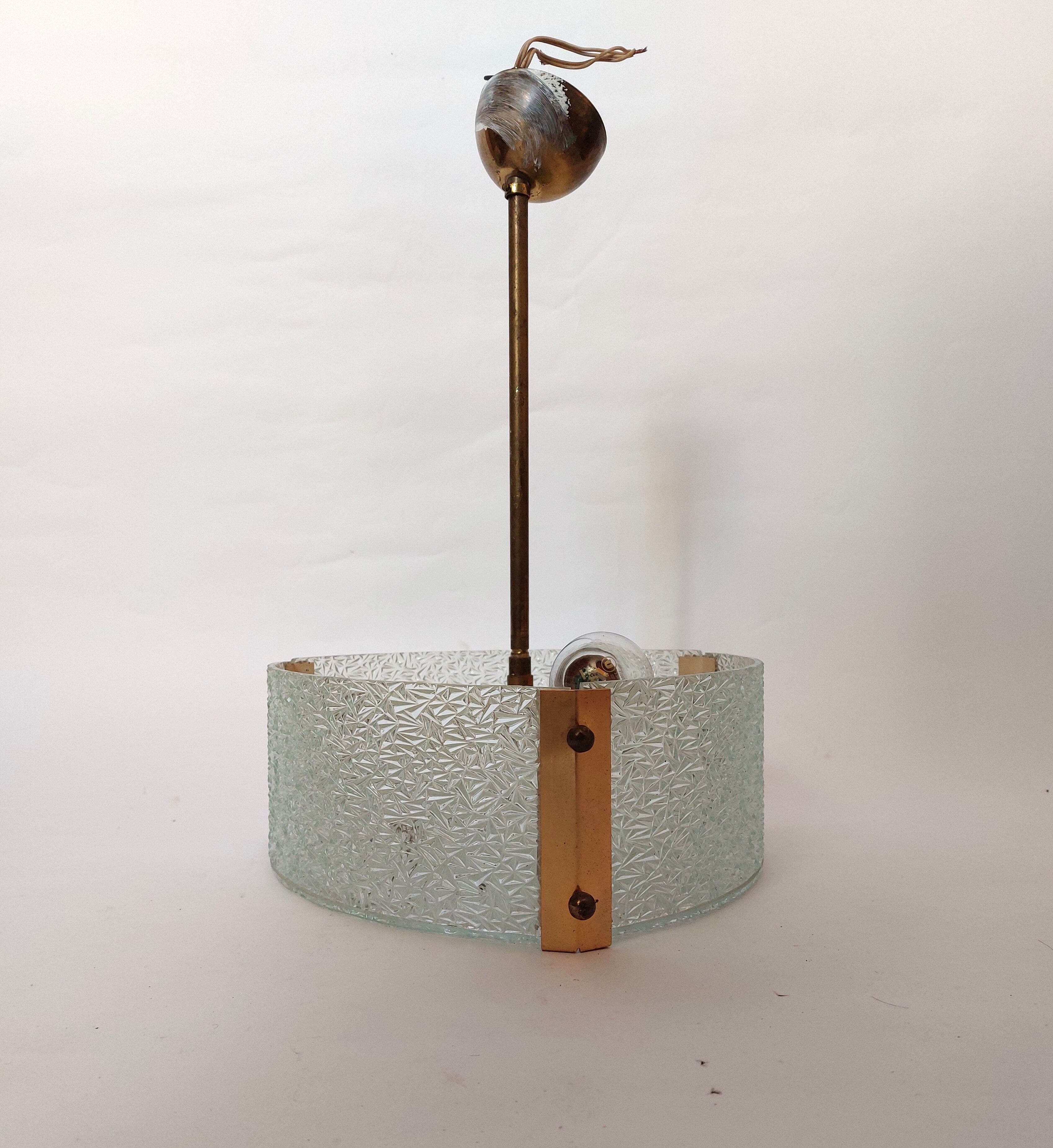 Vestibule pendant lamp in gilded brass and granite glass 1950 with two lights