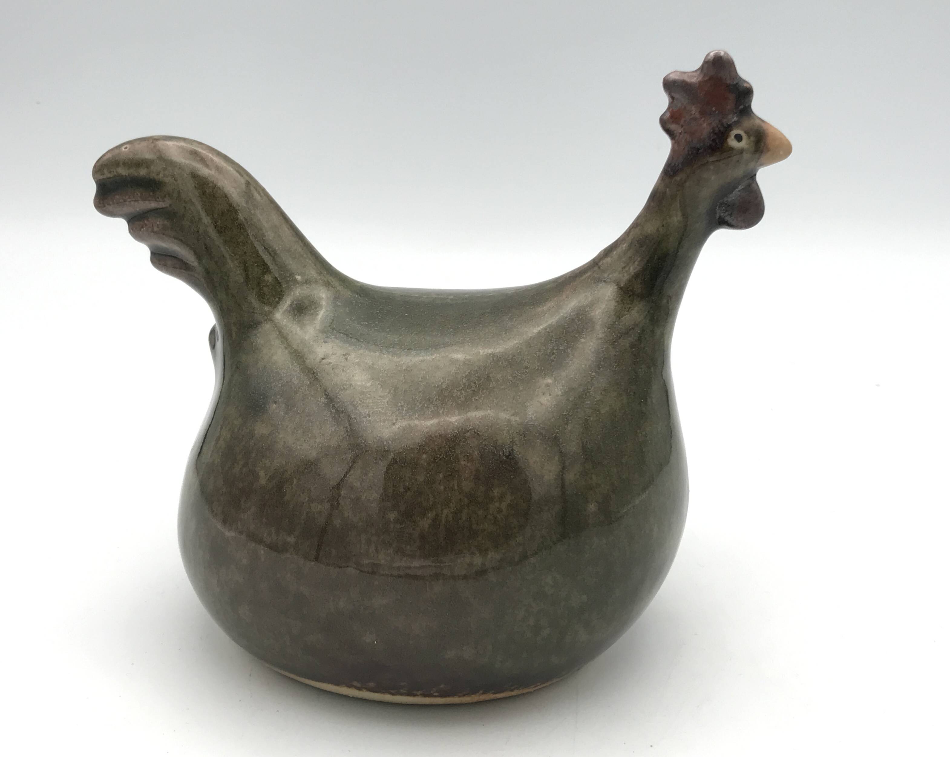 Vintage Rooster Figurine in Olive Green Glazed Stoneware with Glitter Effect 16 cm