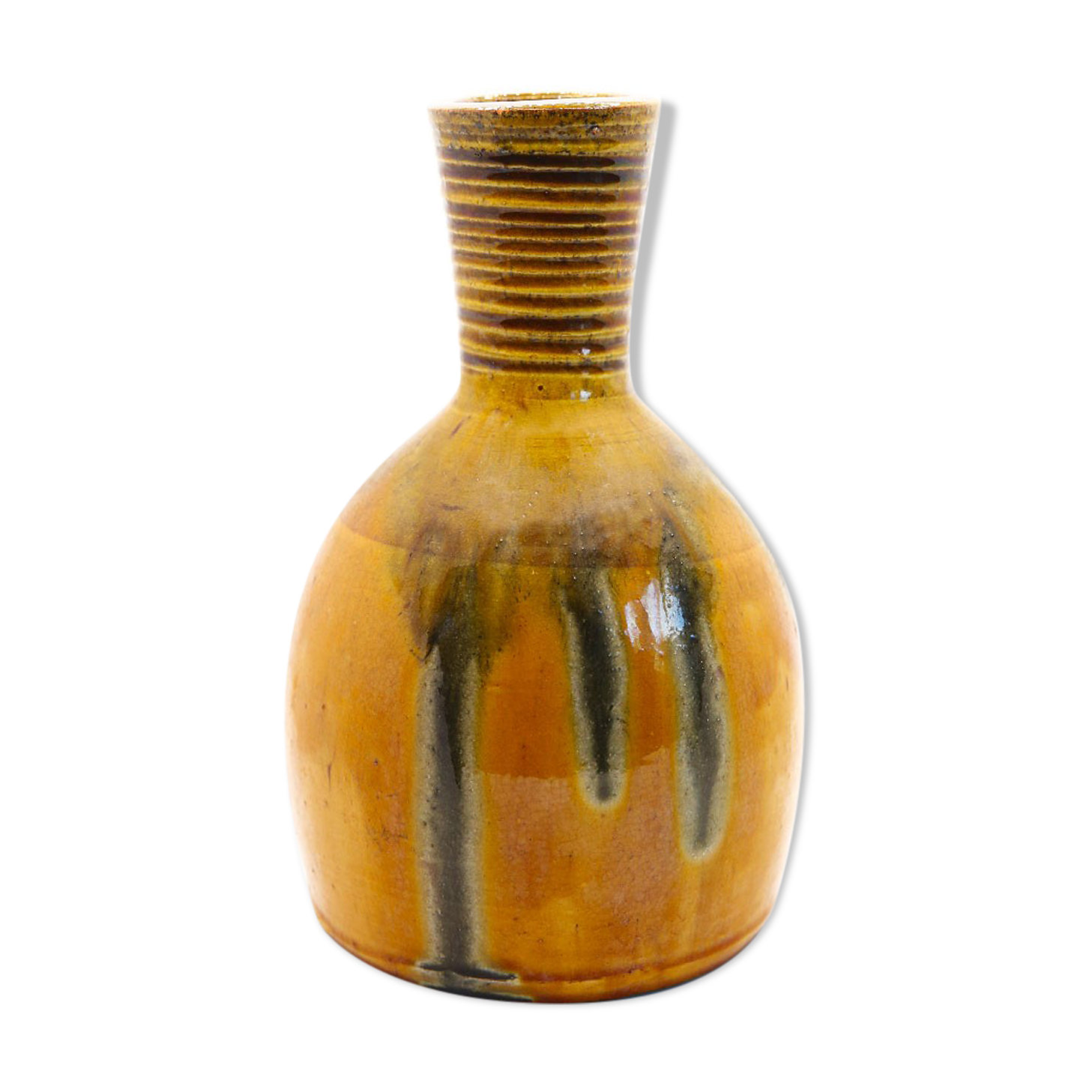Saffron yellow enamelled earthenware vase with khaki green glazes from Meyssac, Corrèze