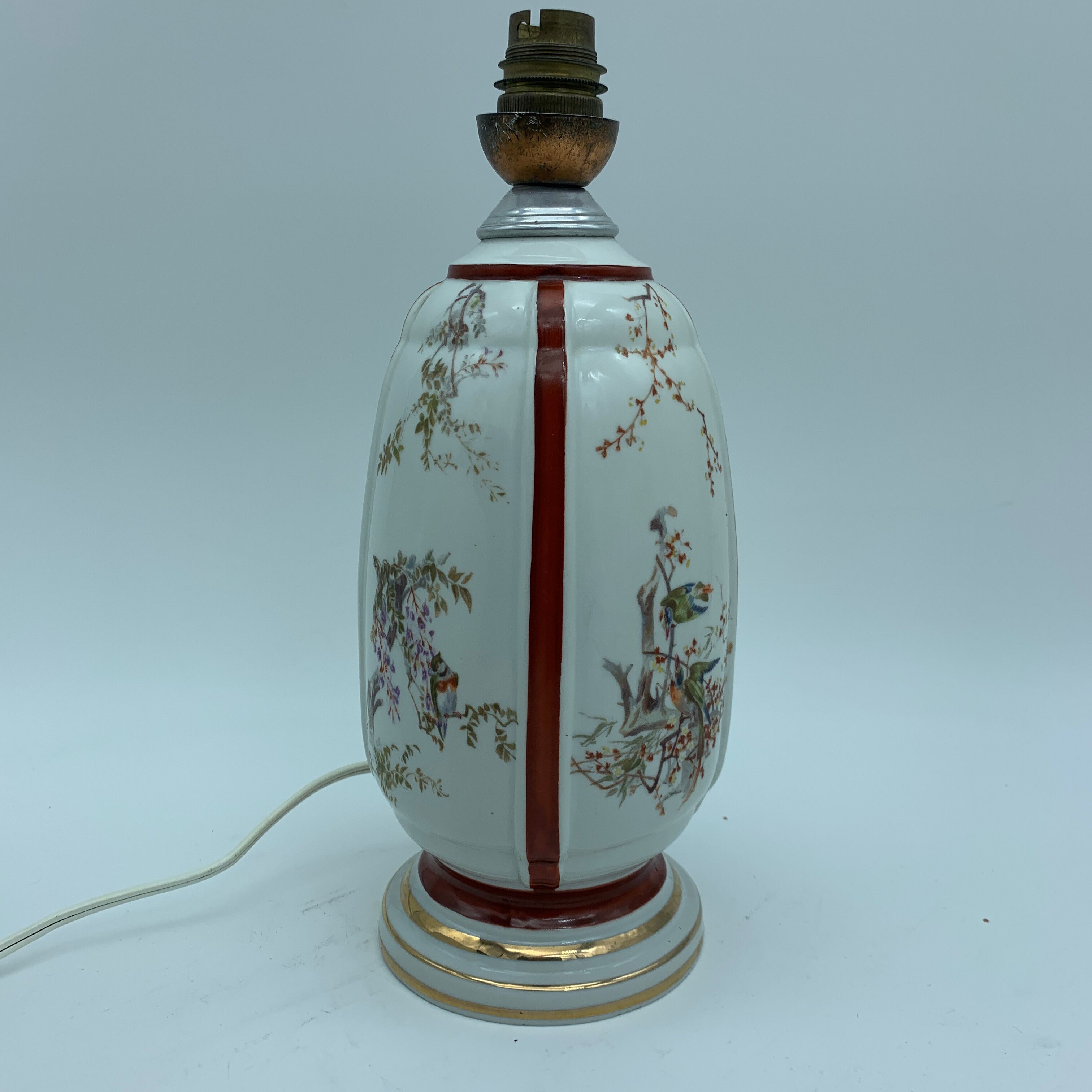 Foot antique porcelain lamp has early 20th century bird decoration (Limoges Paris?)