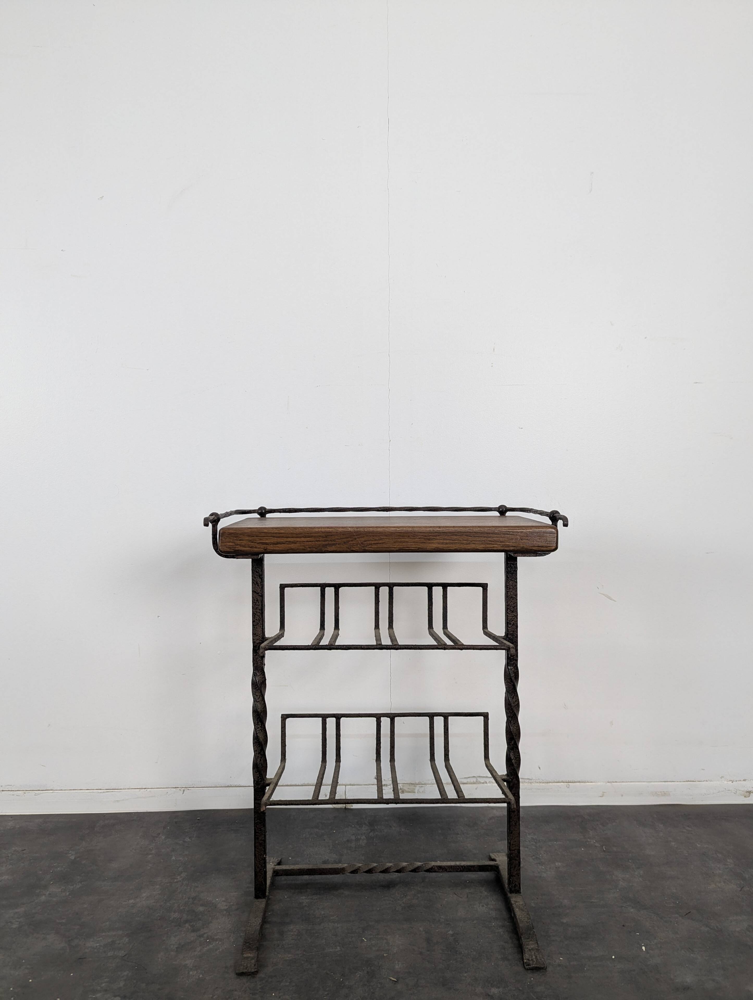 Brutalist magazine rack in wrought iron and oak