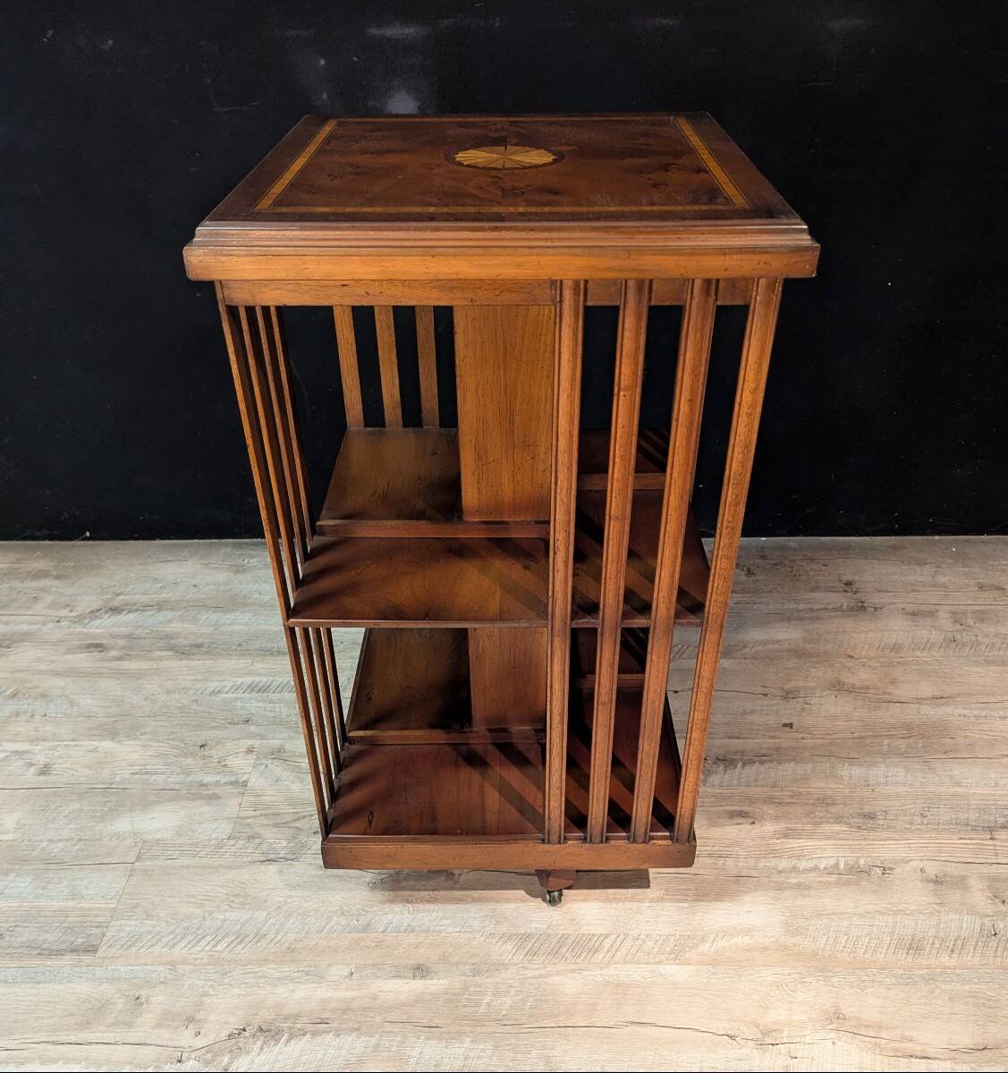 English rotating library in mahogany and marquetry