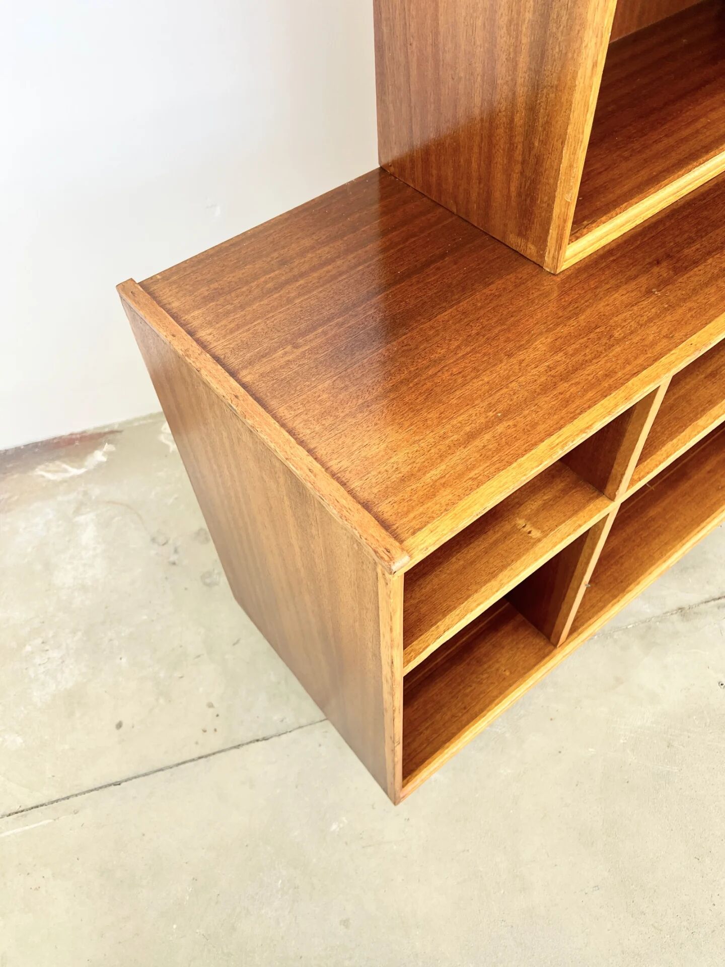 Asymmetrical mahogany bookshelf — 2 offset elements, custom-made, 1960s