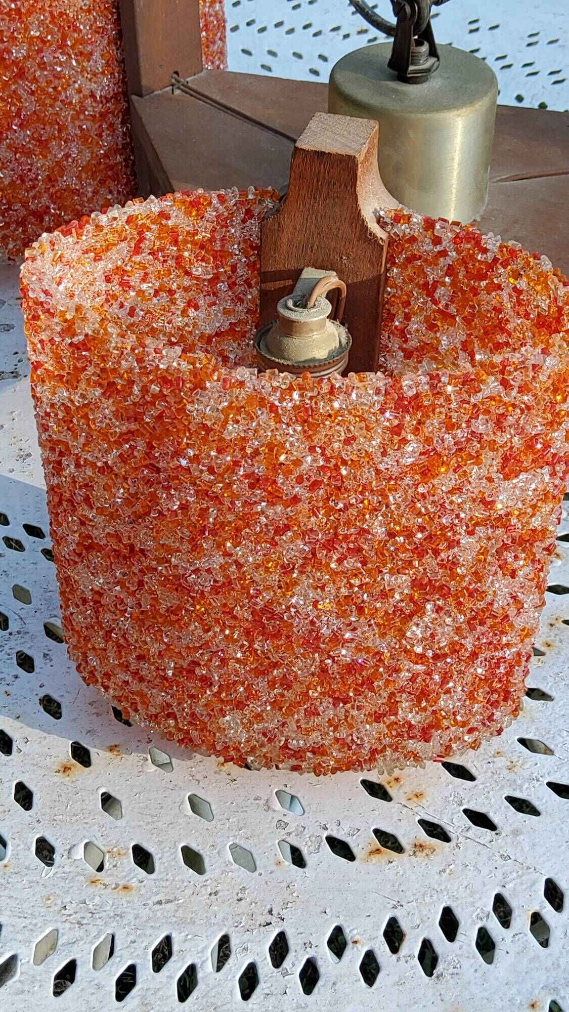 70s Scandinavian style chandelier in wood and orange granite resin 3 lights