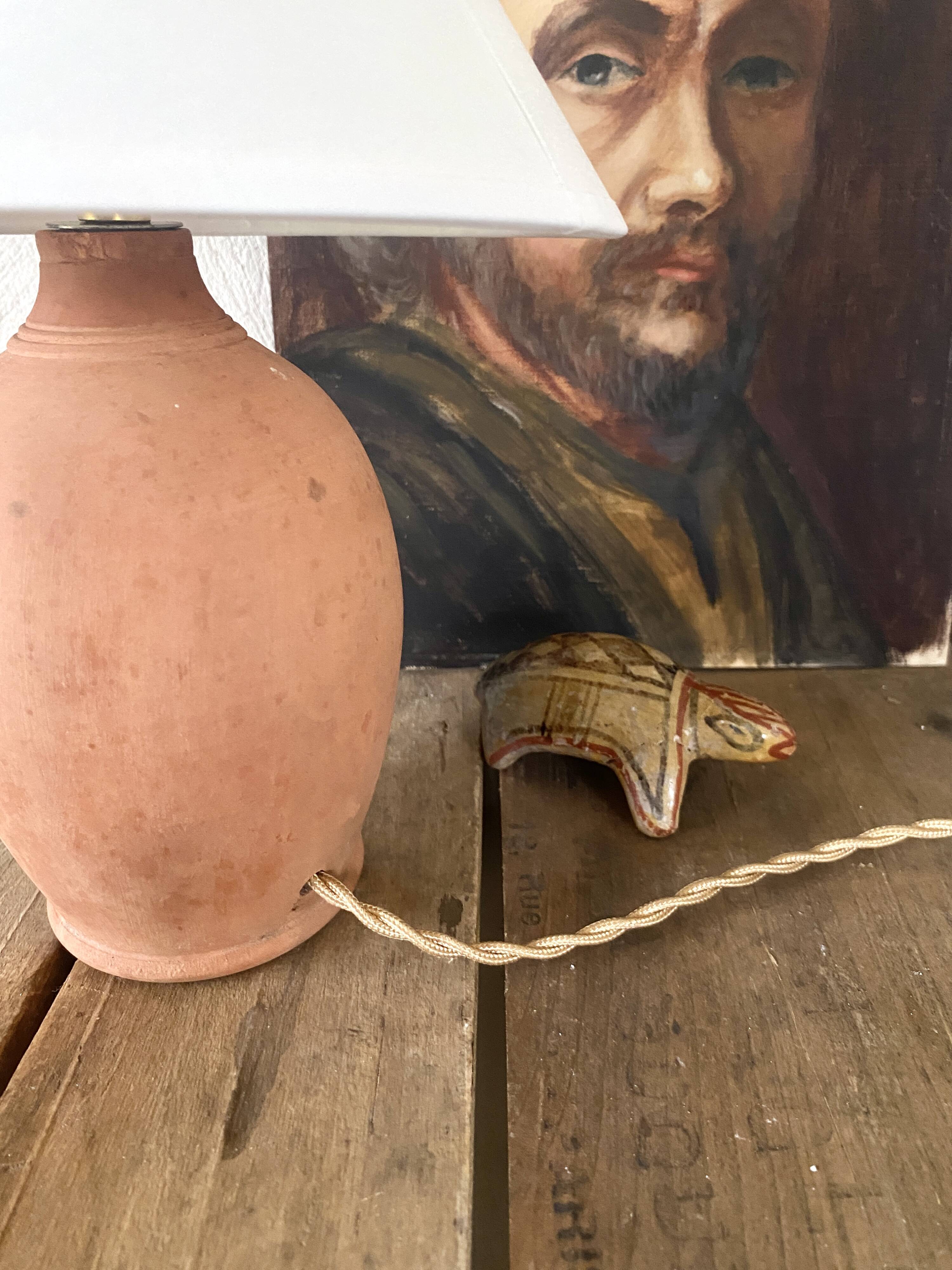 Terracotta lamp, new 2M fabric cable, cotton lampshade